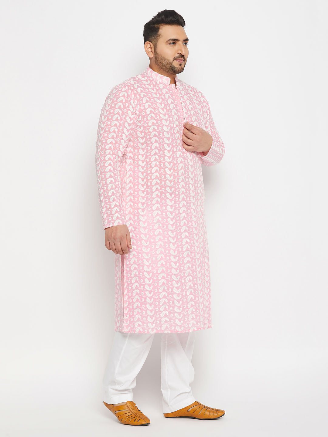 Men's Plus Size Pink Chikankari Embroidered Kurta And White Cotton Pant Style Pyjama Set