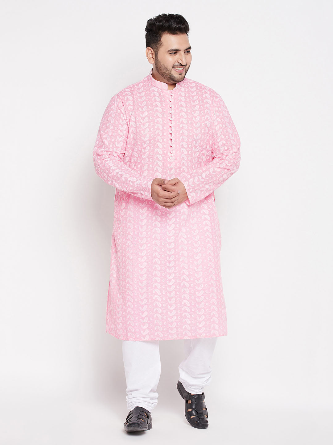 Men's Plus Size Pink Chikankari Embroidered Kurta And White Pyjama Set