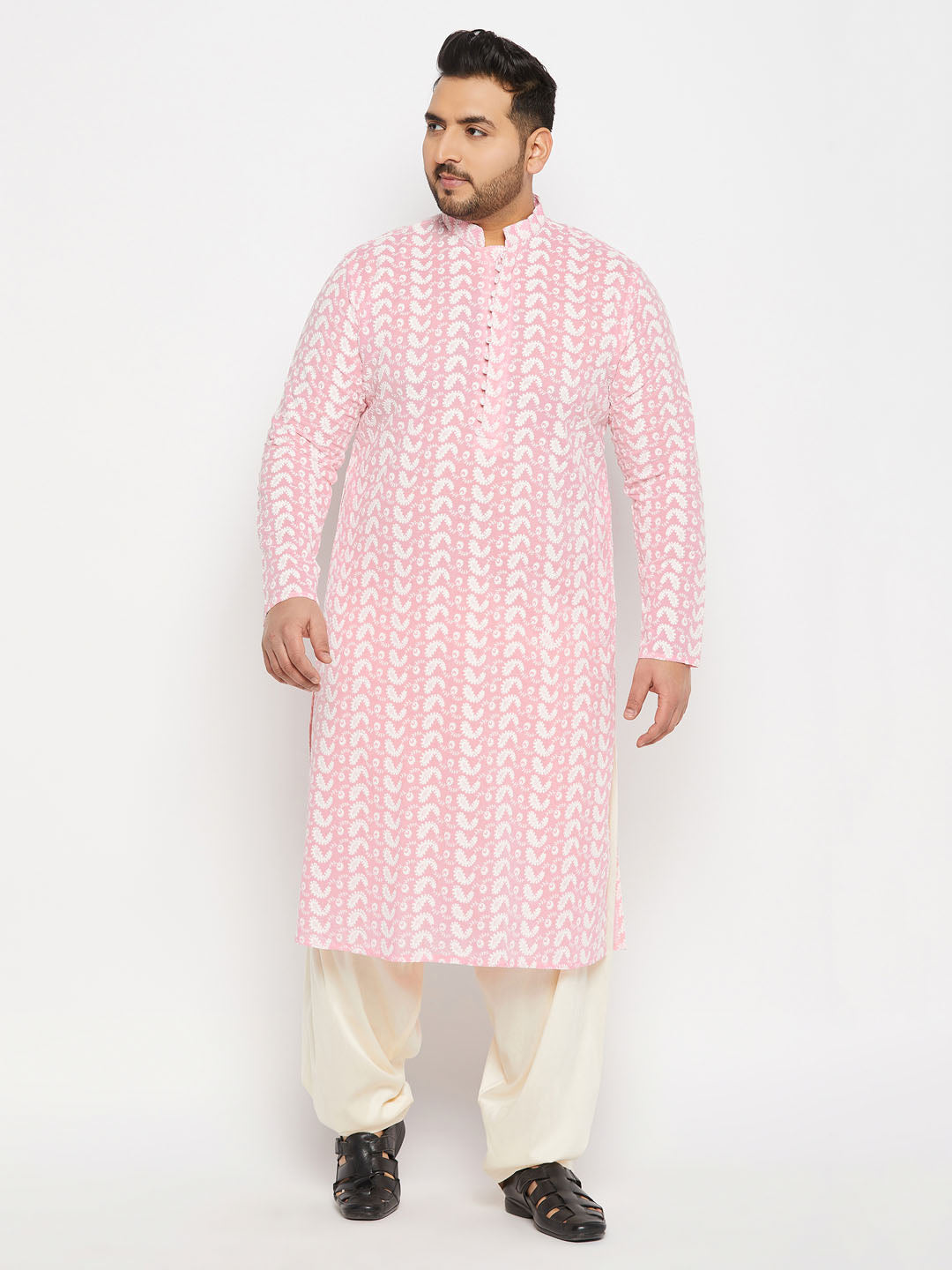 Men's Plus Size Pink Chikankari Embroidered Kurta And Cream Patiala Set