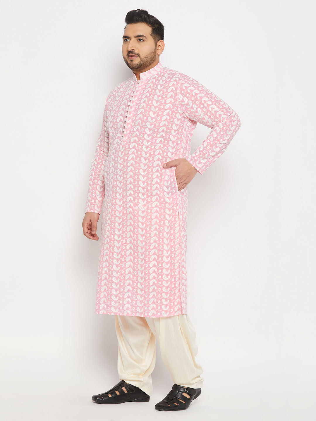 Men's Plus Size Pink Chikankari Embroidered Kurta And Cream Patiala Set