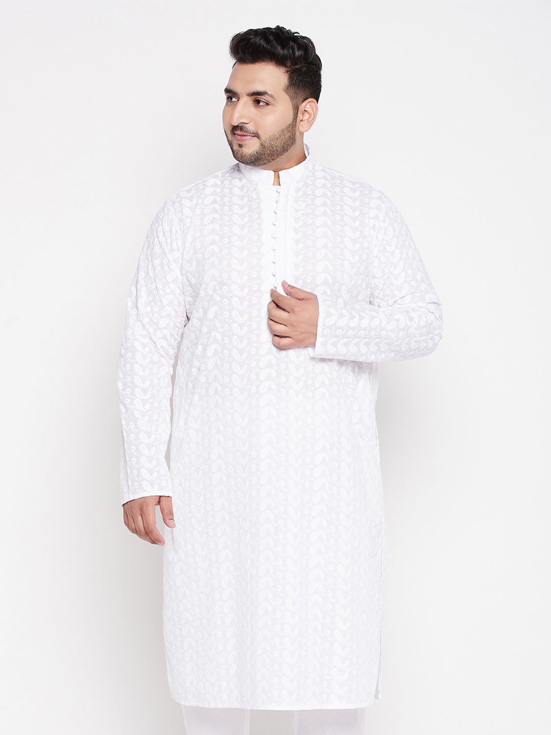 Men's Plus Size White Chikankari Embroidered Kurta