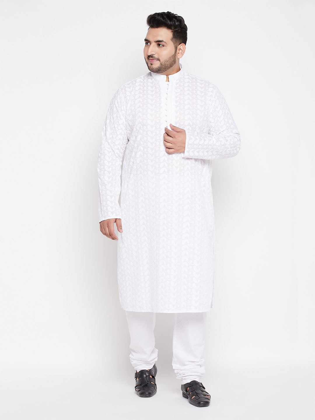Men's Plus Size White Chikankari Embroidered Kurta