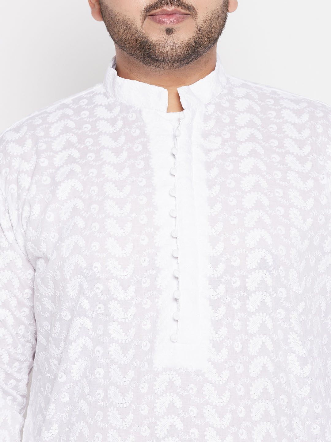 Men's Plus Size White Chikankari Embroidered Kurta And Dhoti Set