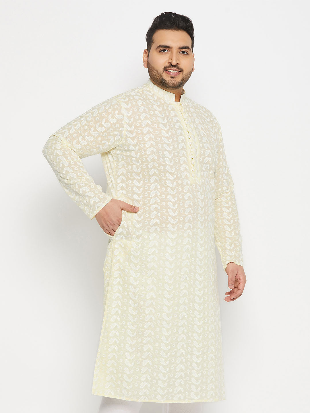 Men's Plus Size Yellow Chikankari Embroidered Kurta