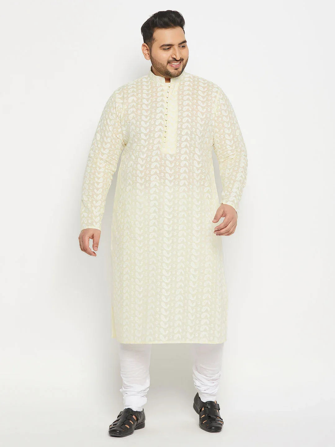 Men's Plus Size Yellow Chikankari Embroidered Kurta