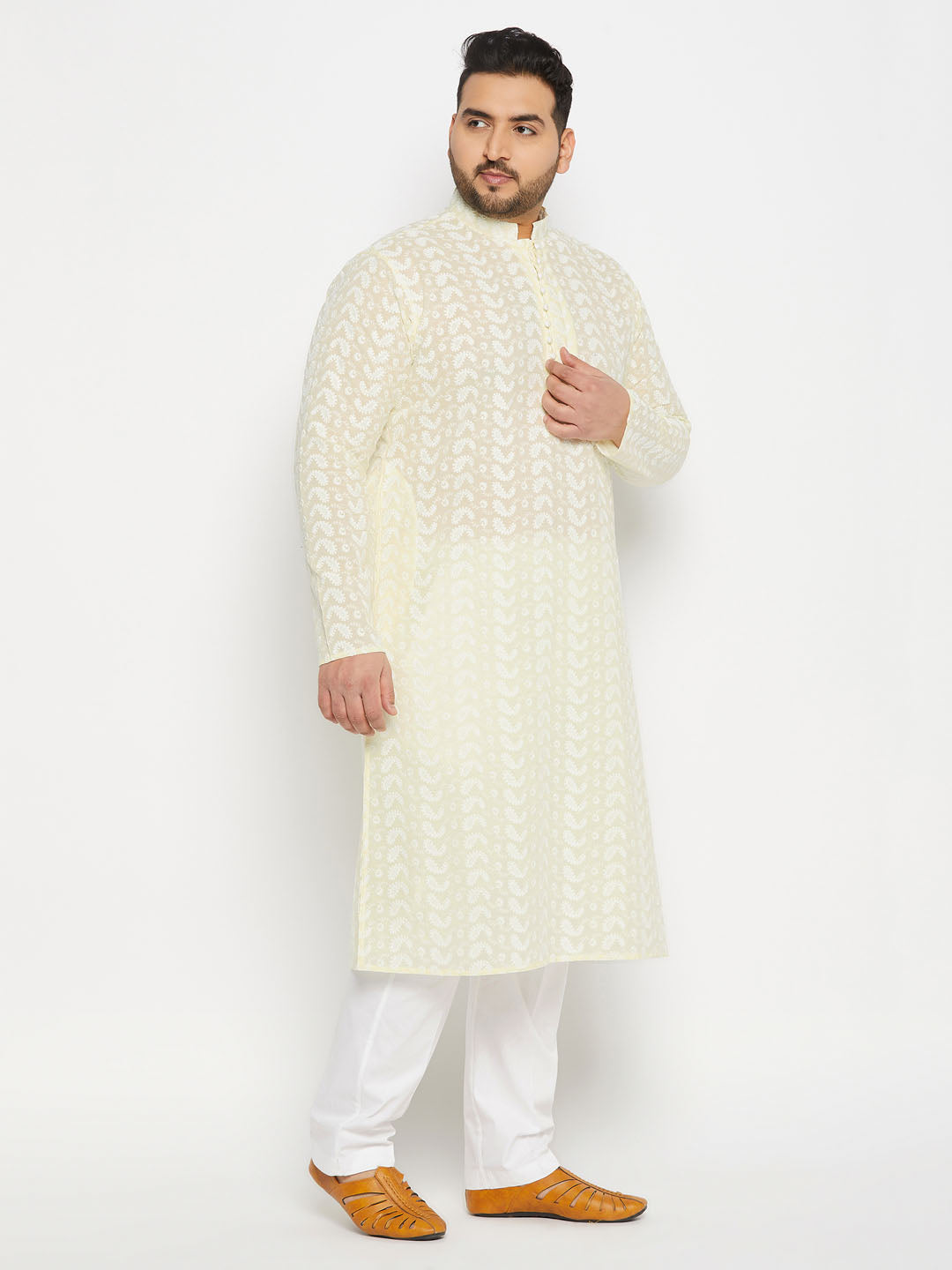 Men's Plus Size Yellow Chikankari Embroidered Kurta And White Cotton Pant Style Pyjama Set