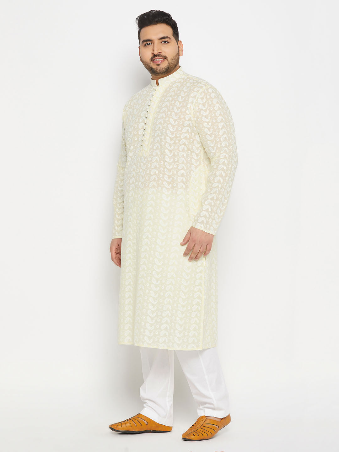 Men's Plus Size Yellow Chikankari Embroidered Kurta And White Cotton Pant Style Pyjama Set
