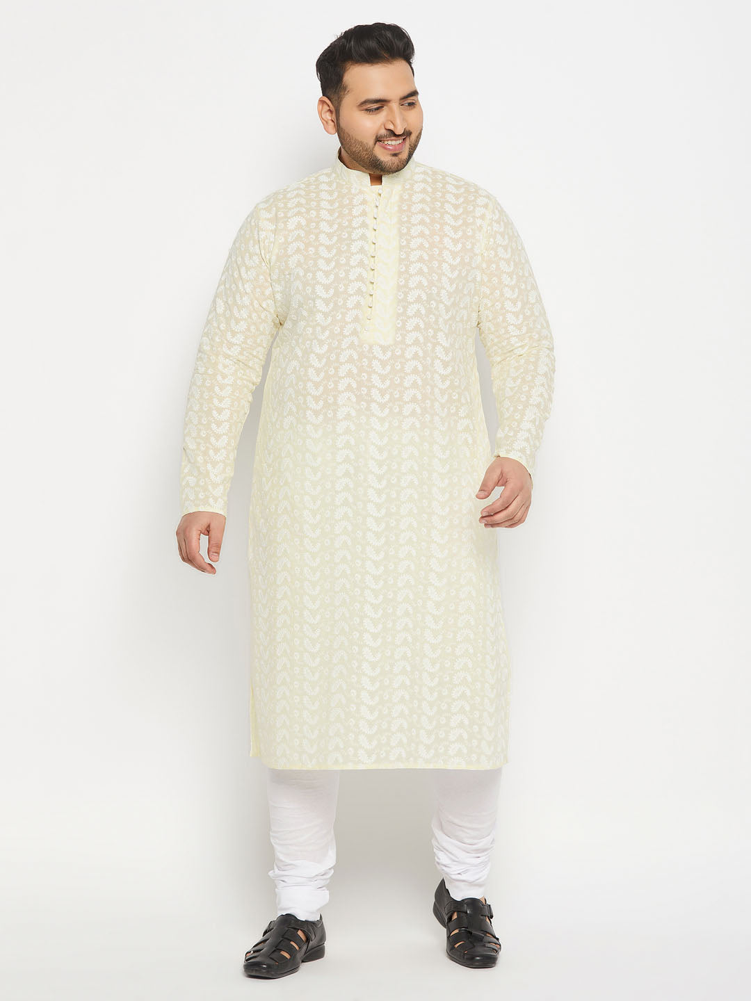 Men's Plus Size Yellow Chikankari Embroidered Kurta And White Pyjama Set