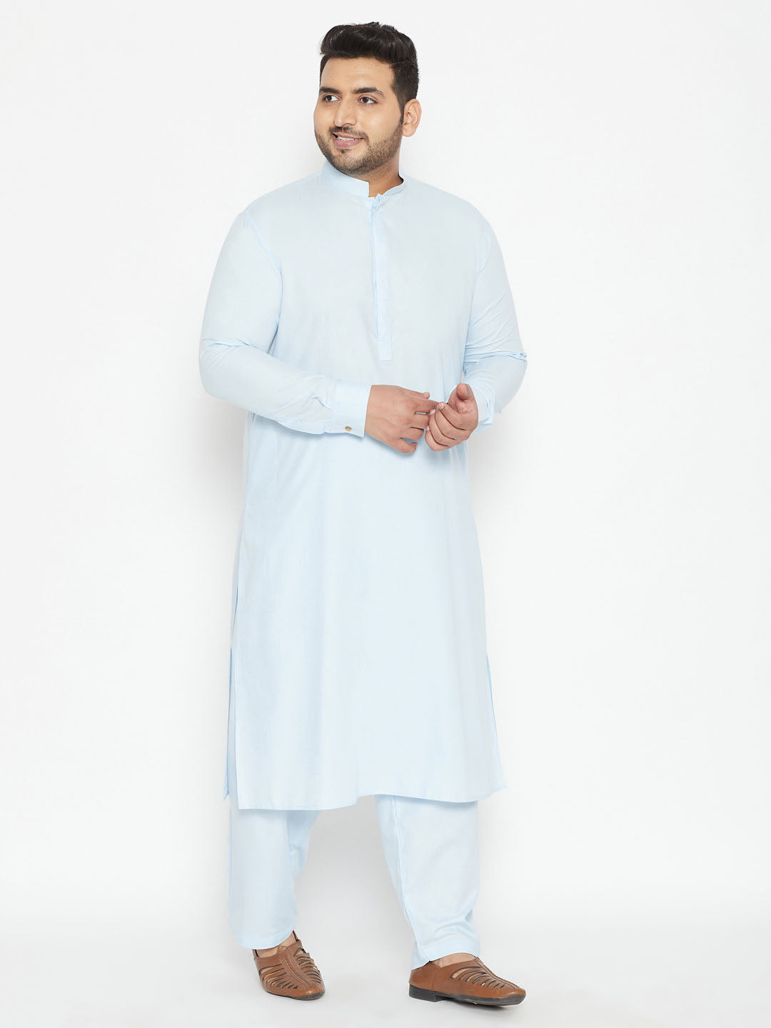 Men's Plus Size Aqua Blue Cotton Blend Pathani Set