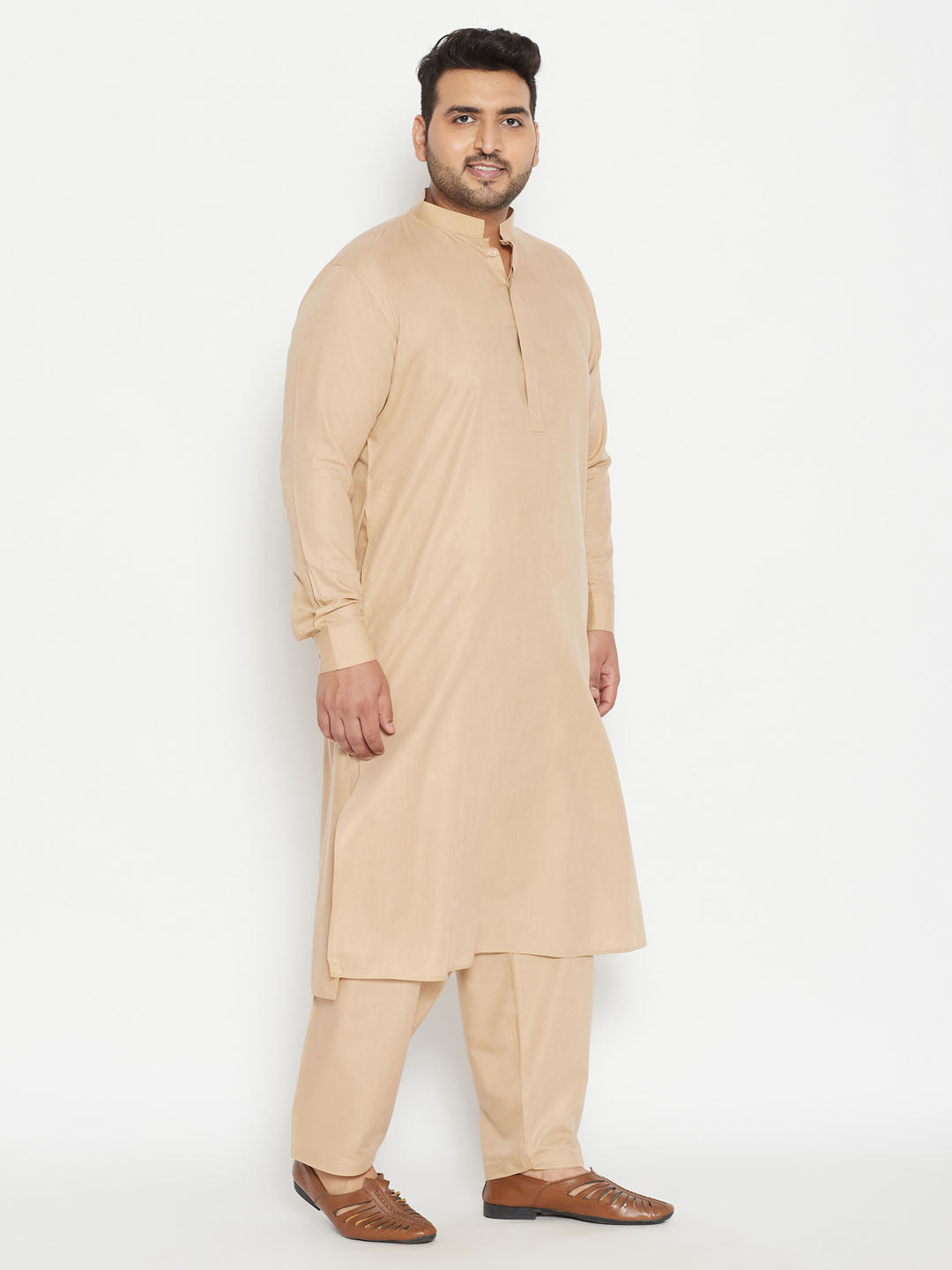 Men's Plus Size Light Brown Cotton Blend Pathani Set