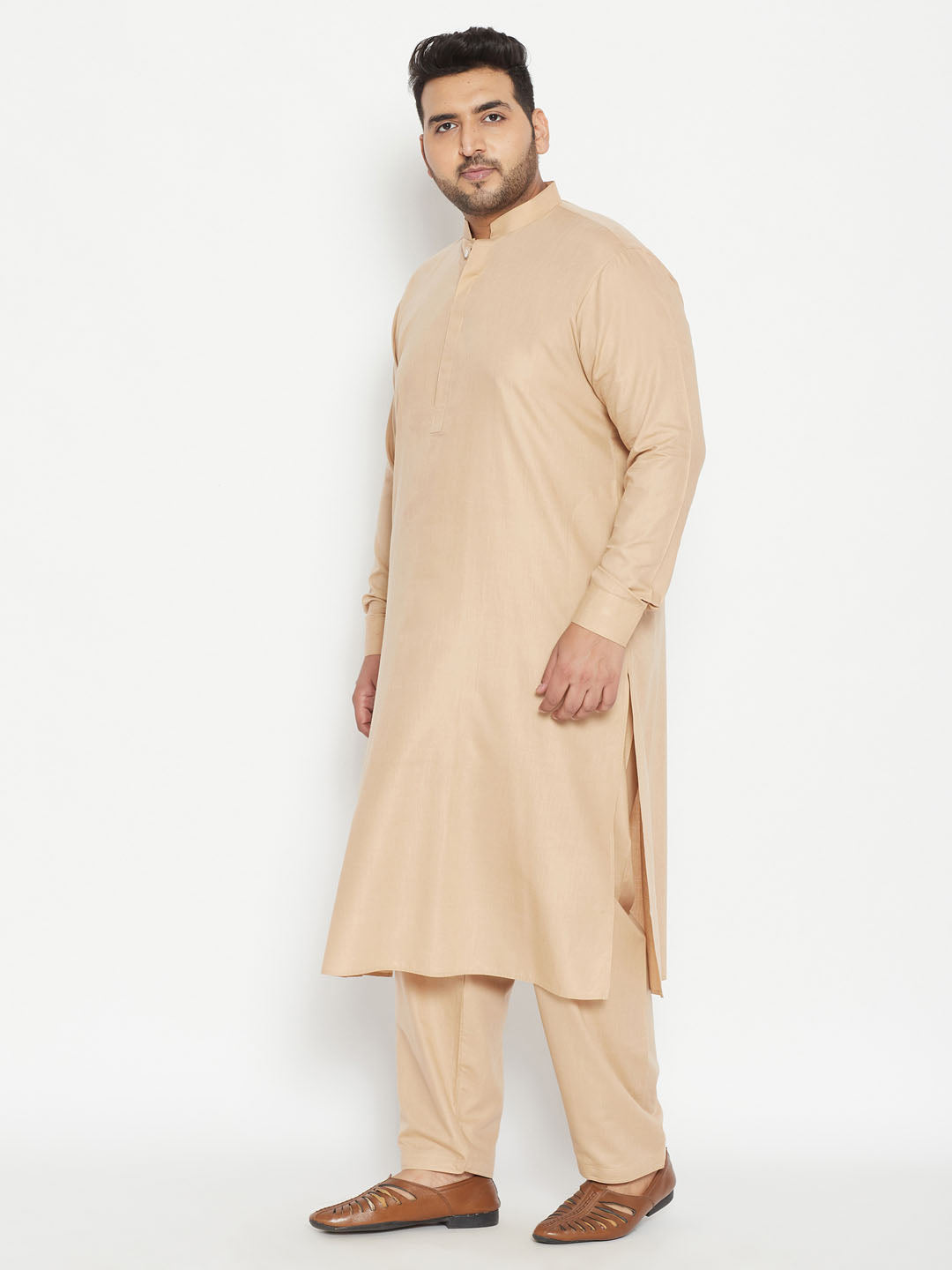 Men's Plus Size Light Brown Cotton Blend Pathani Set