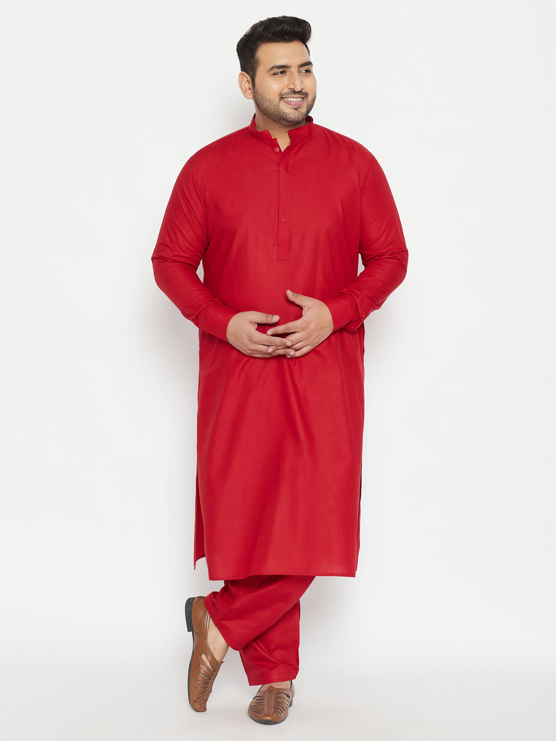 Men's Plus Size Maroon Cotton Blend Pathani Set