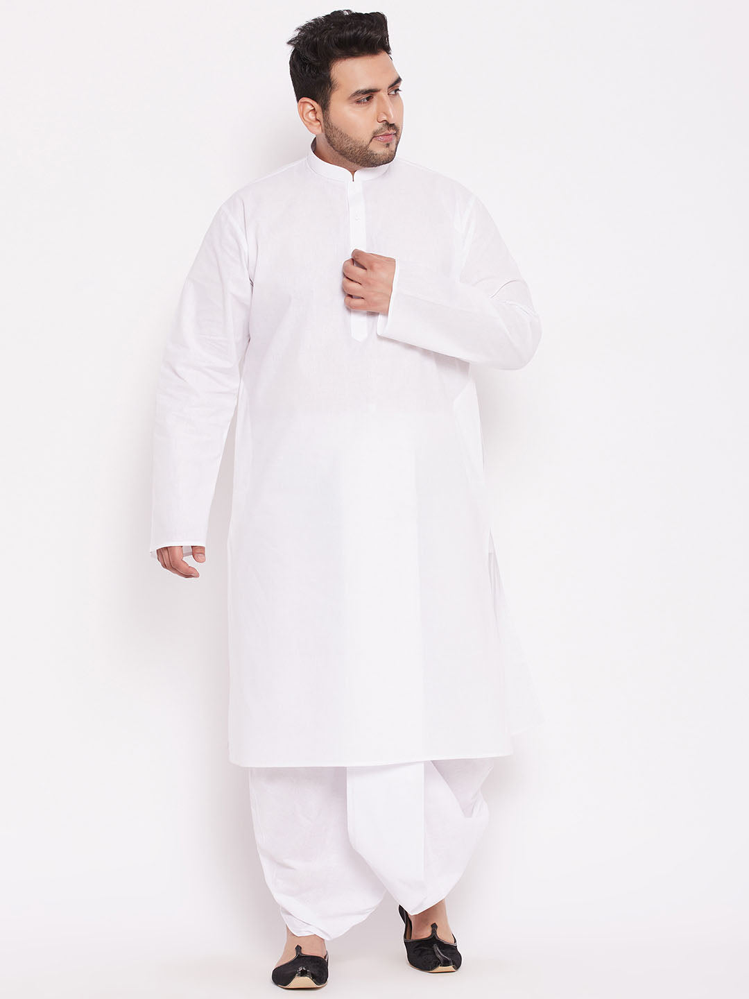 Men's Plus Size White Cotton Kurta And Dhoti Set