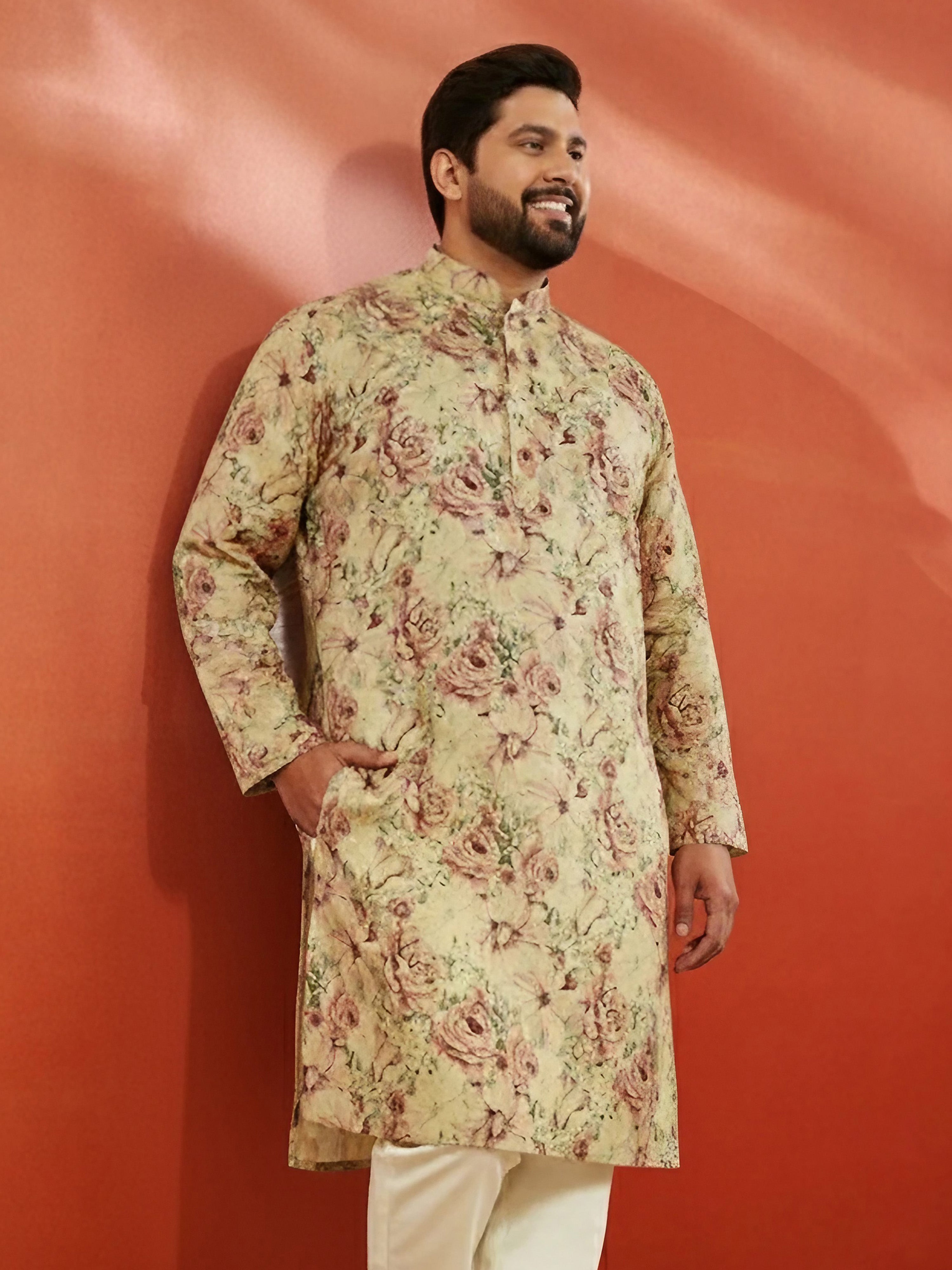 Men's Plus Beige Silk Kurta