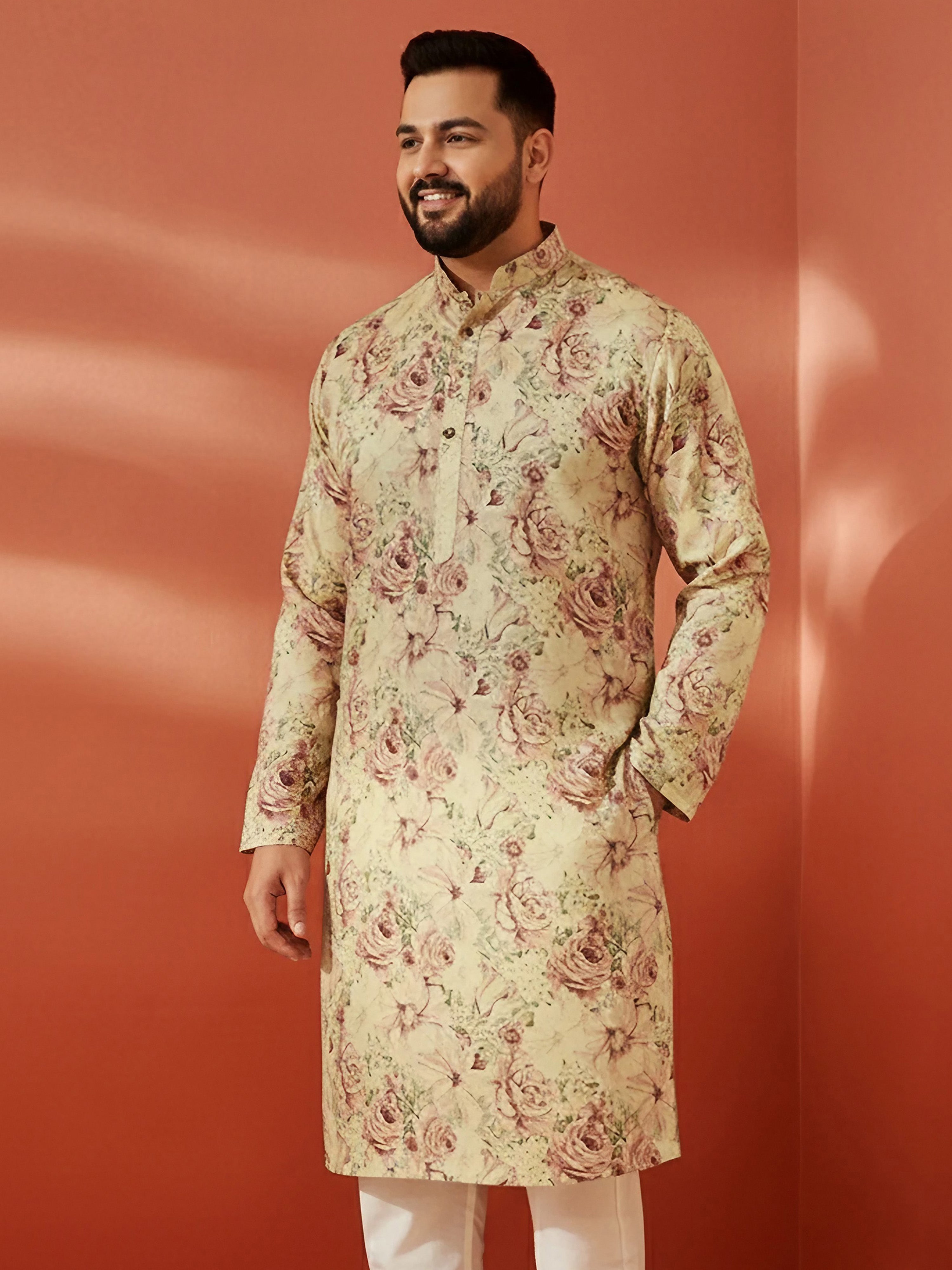 Men's Plus Beige Silk Kurta