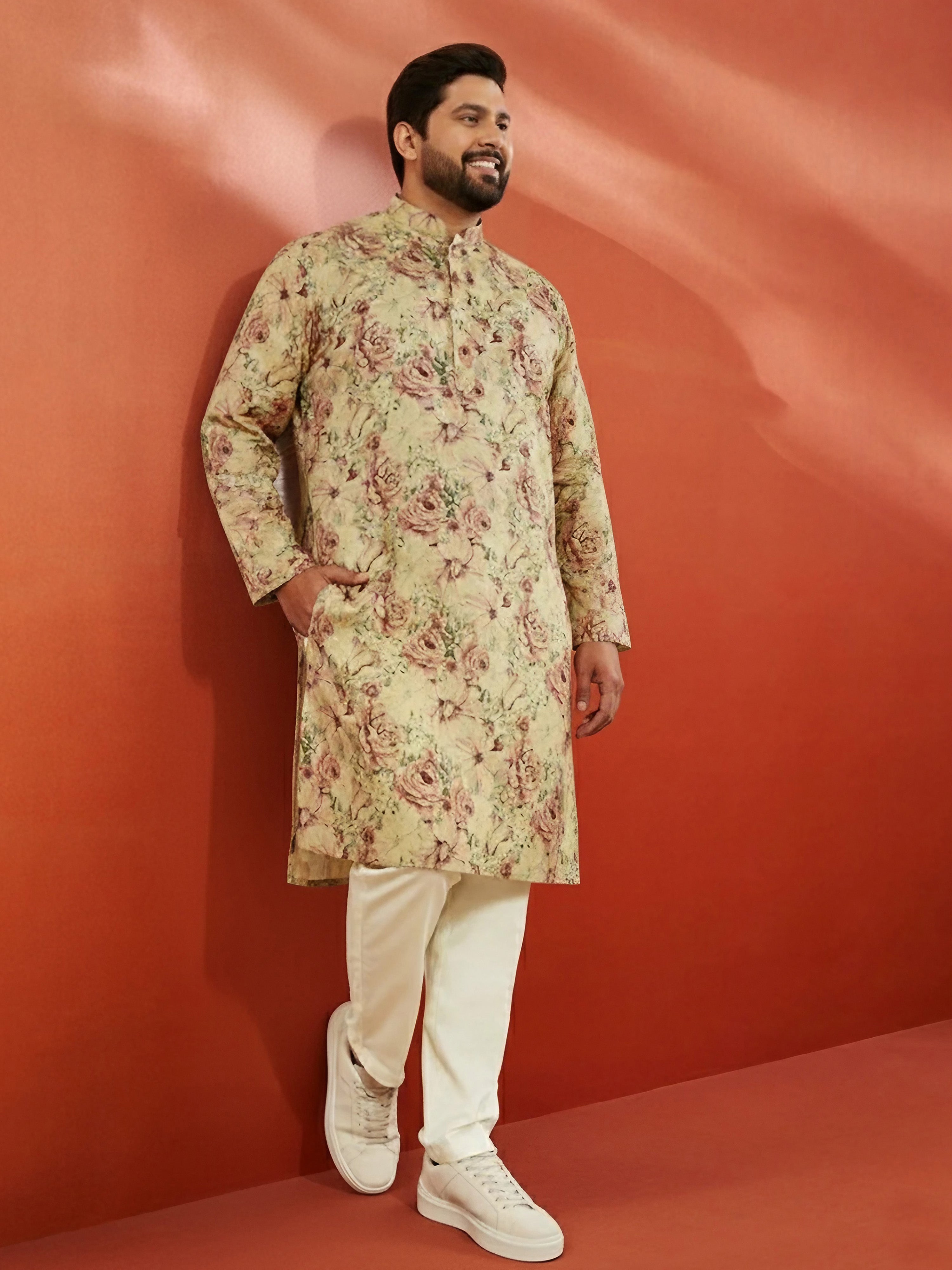 Men's Plus Beige Silk Kurta