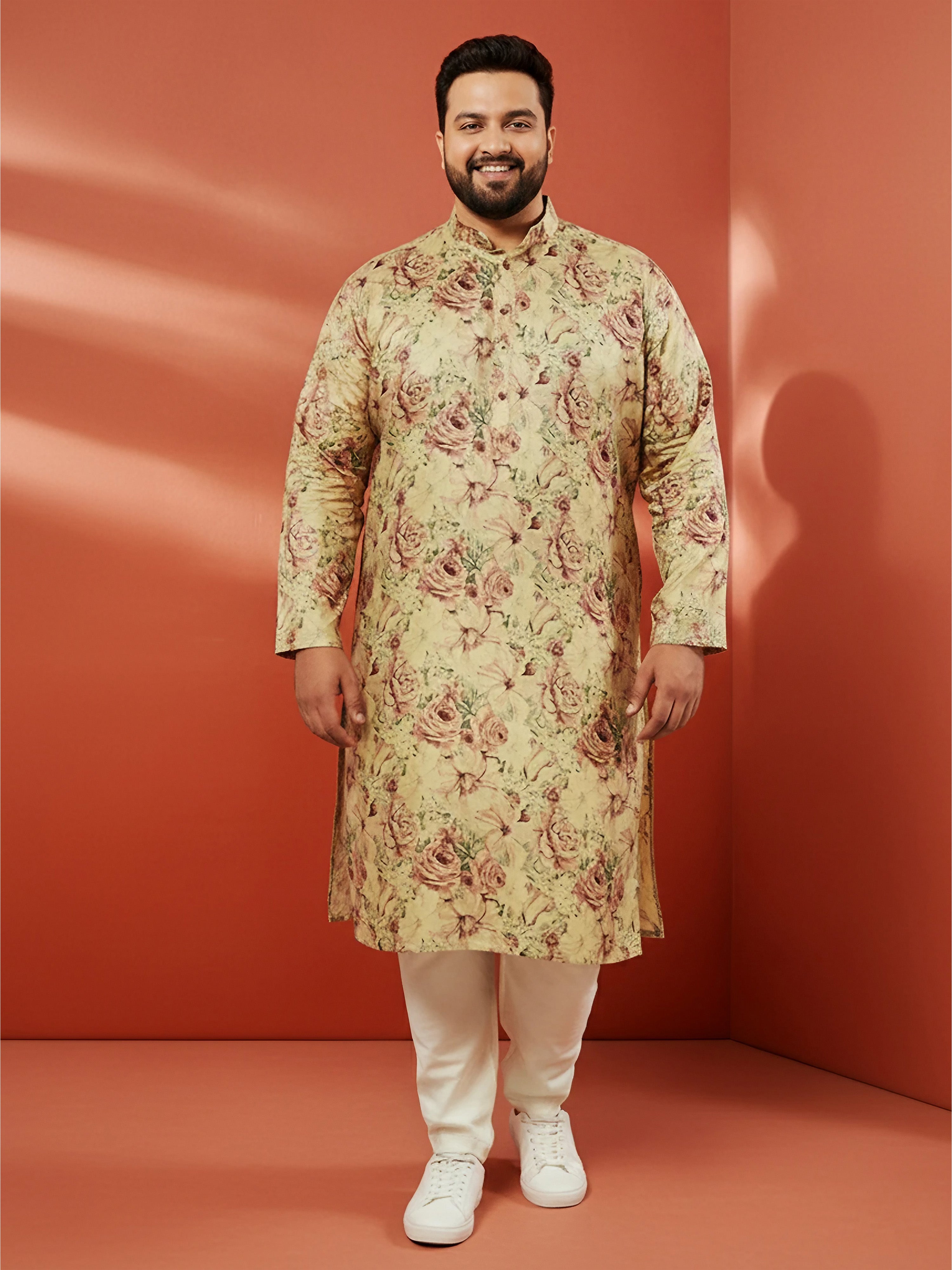 Men's Beige Printed Kurta with Cream Pyjama