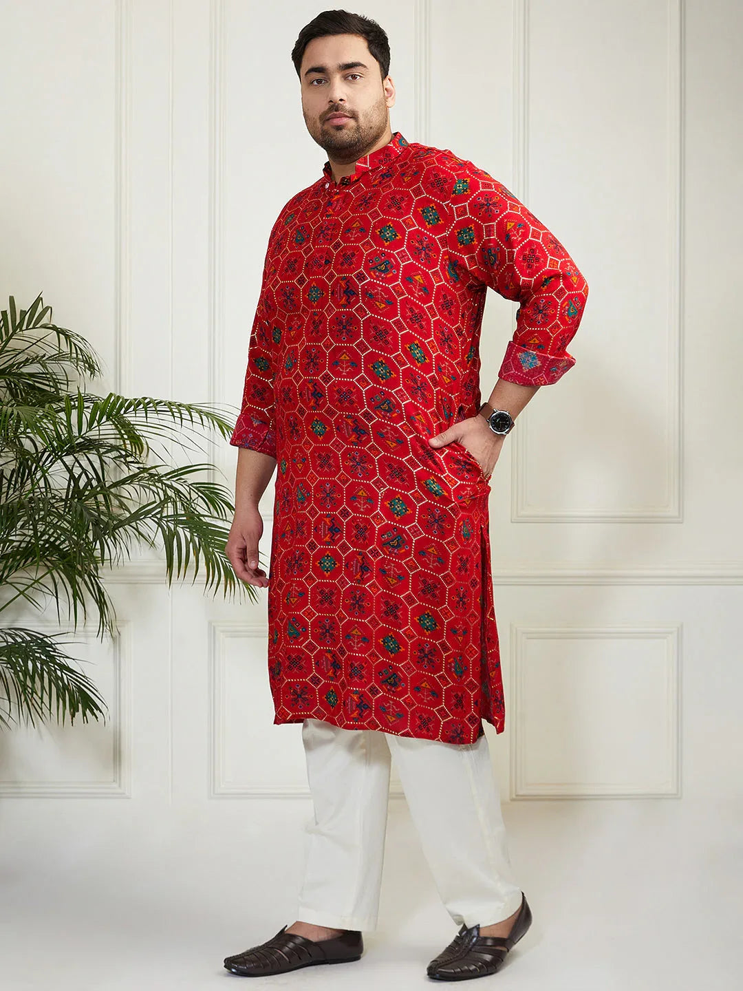 Plus Men's Blue And Cream Cotton Blend Kurta Pyjama Set
