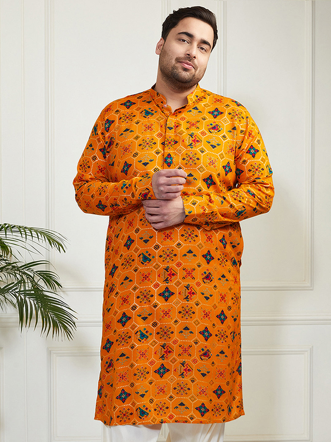 Men's Plus Yellow Cotton Blend Kurta