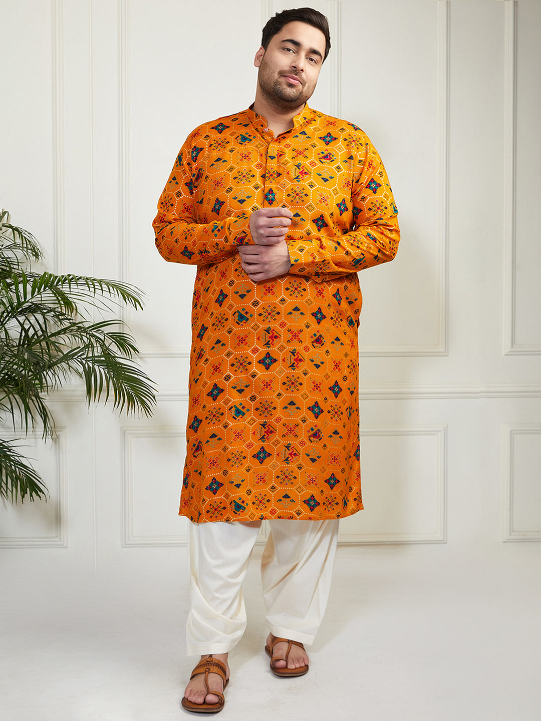 Plus Men's Yellow And Cream Cotton Blend Kurta And Patiala Set