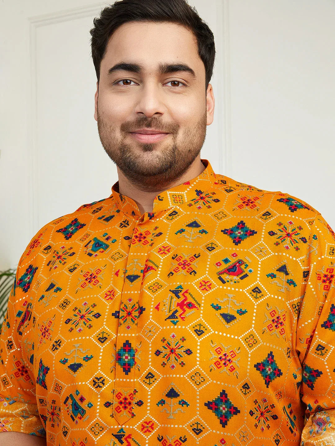 Plus Men's Yellow And Cream Cotton Blend Kurta And Patiala Set