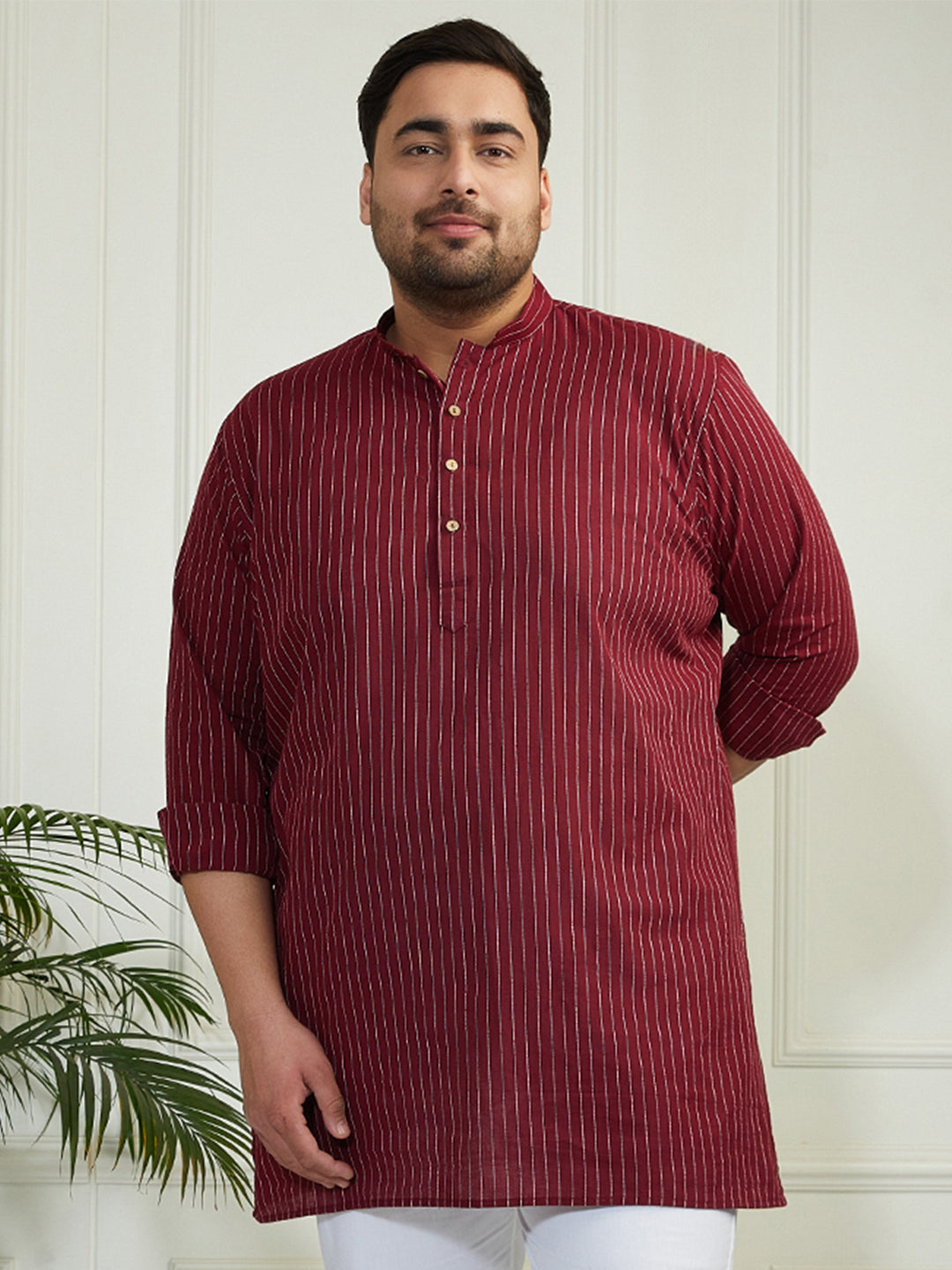 Plus Men's Maroon Cotton Short Kurta