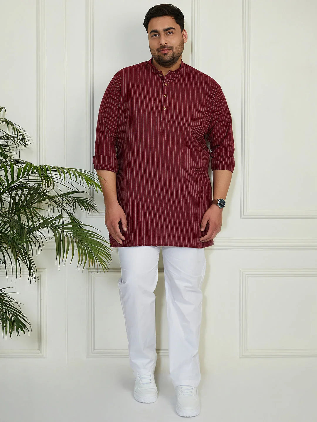 Plus Men's Maroon Cotton Short Kurta