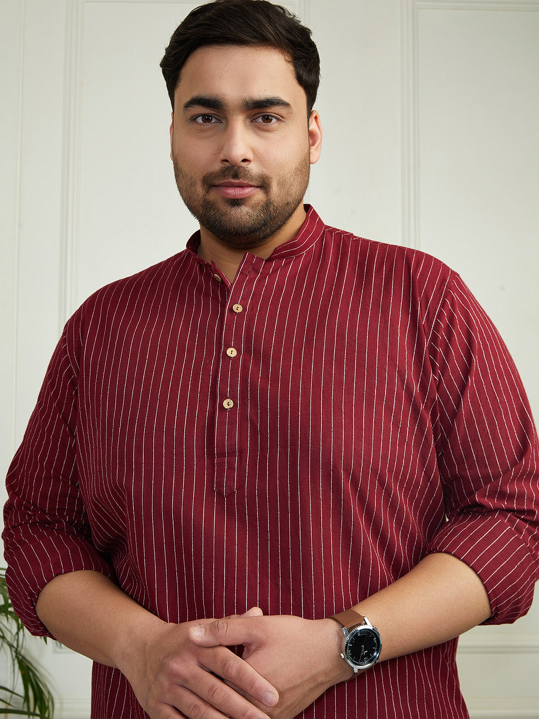 Plus Men's Maroon And White Cotton Kurta Pyjama Set