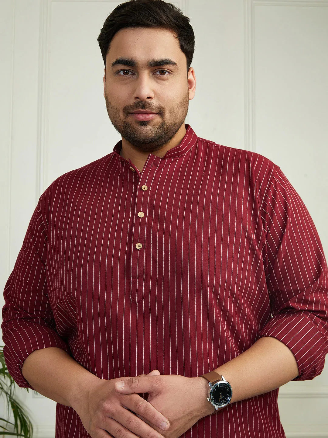 Plus Men's Maroon And White Cotton Kurta Pyjama Set