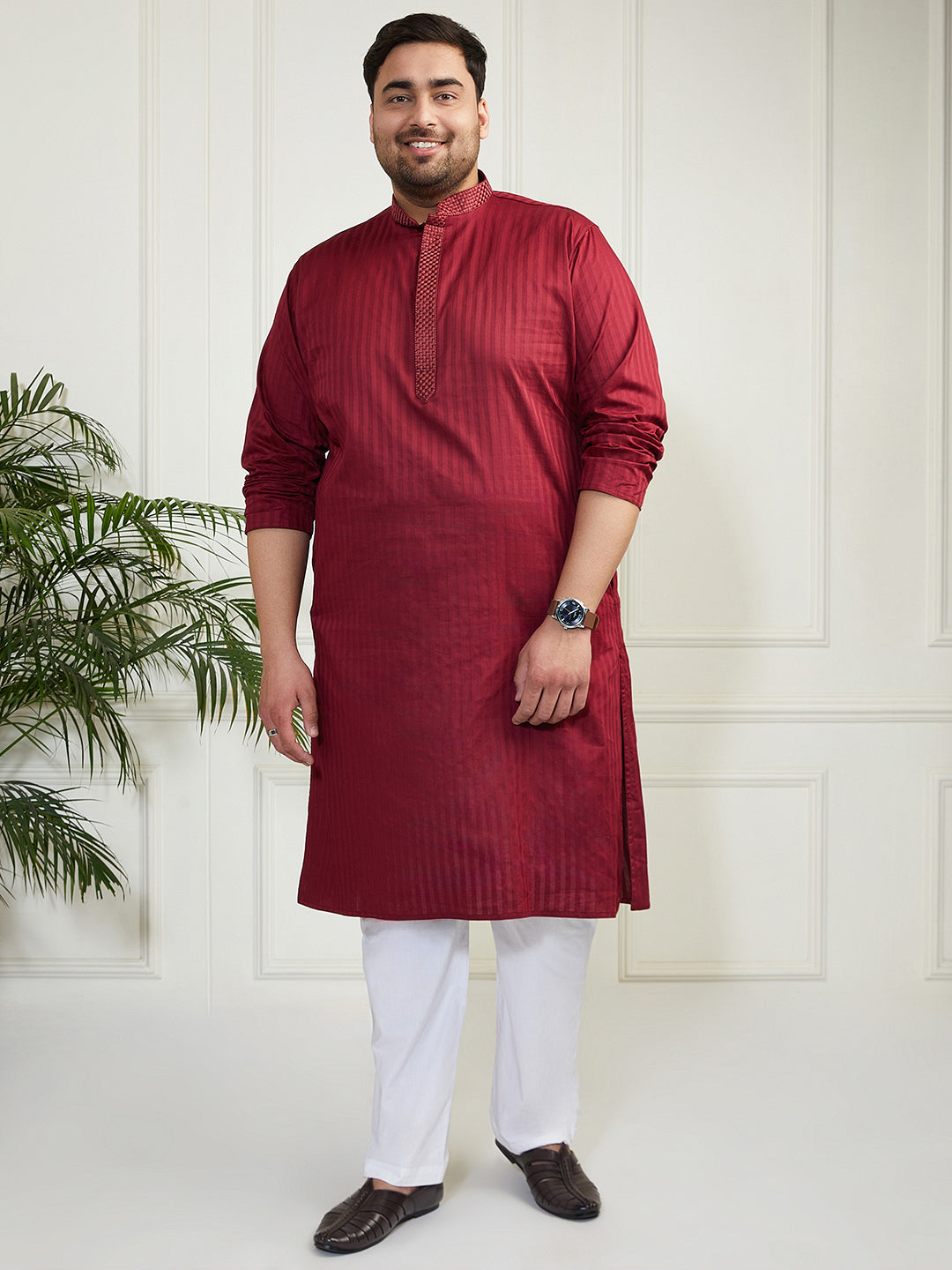 Plus Men's Maroon Cotton Blend Kurta
