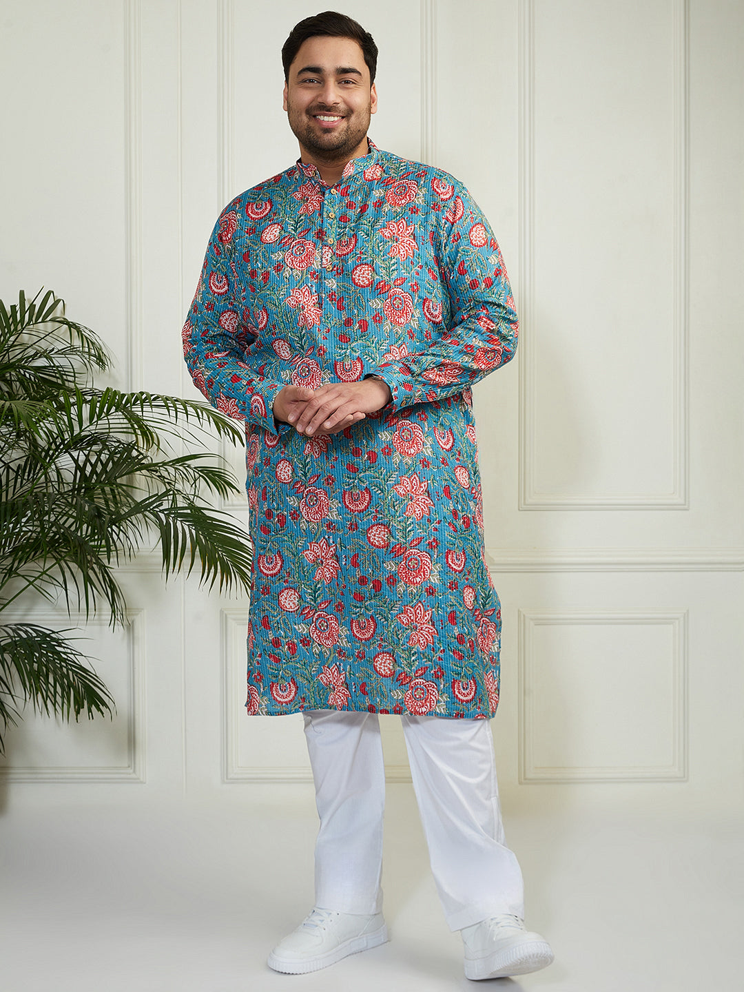 Plus Men's Aqua And White Cotton Kurta Pyjama Set
