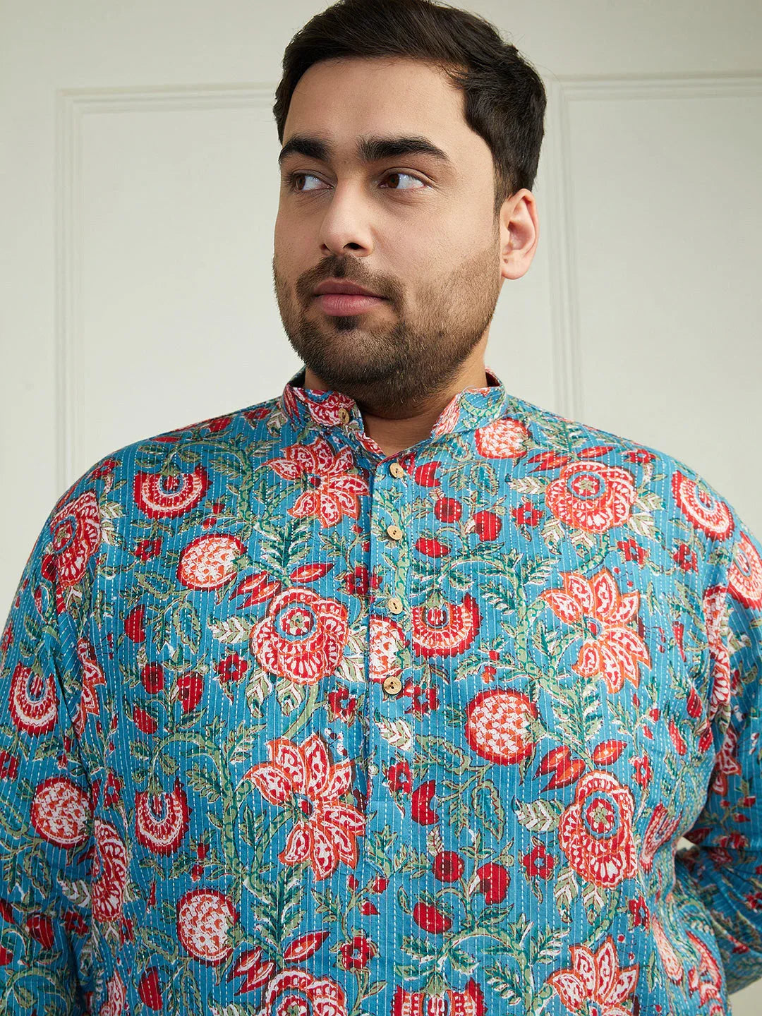 Plus Men's Aqua And White Cotton Kurta Pyjama Set