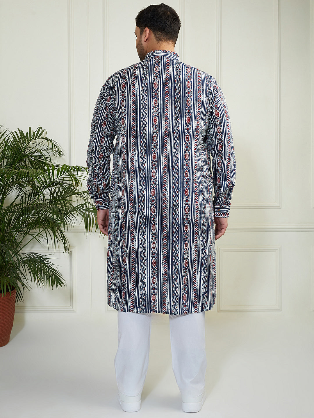 Plus Men's Indigo Blue White Cotton Kurta Pyjama Set