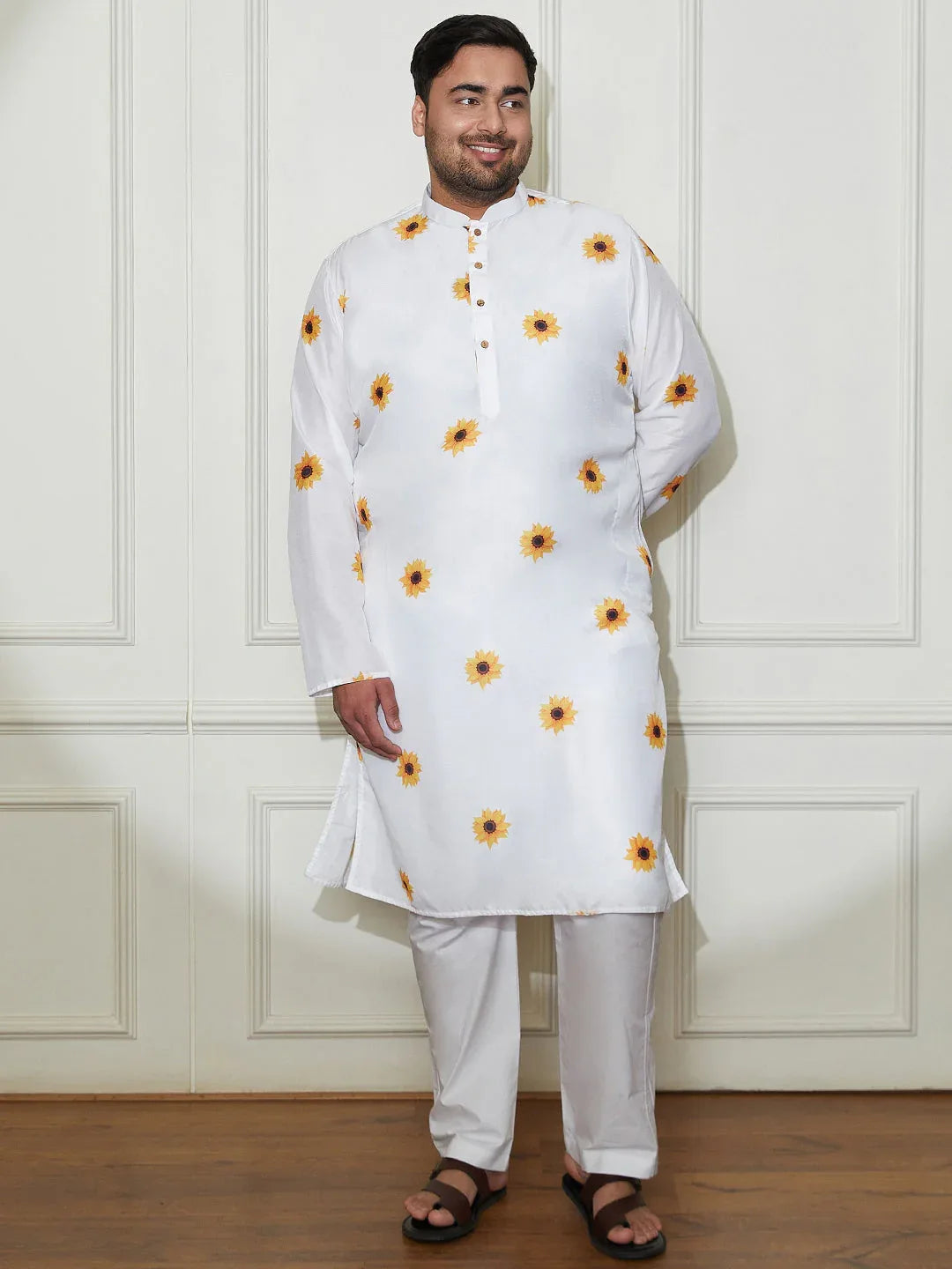 Plus Men's Cream Cotton Blend Kurta Pyjama Set