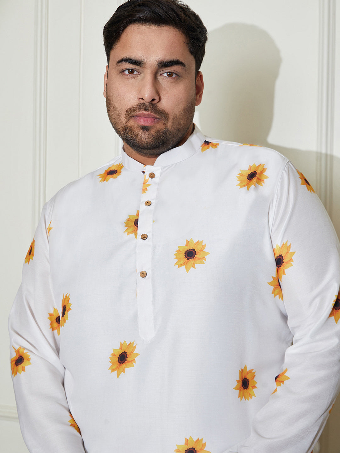 Plus Men's Cream Cotton Blend Kurta Pyjama Set
