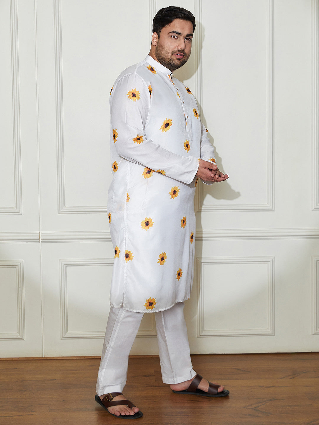 Plus Men's Cream Cotton Blend Kurta Pyjama Set