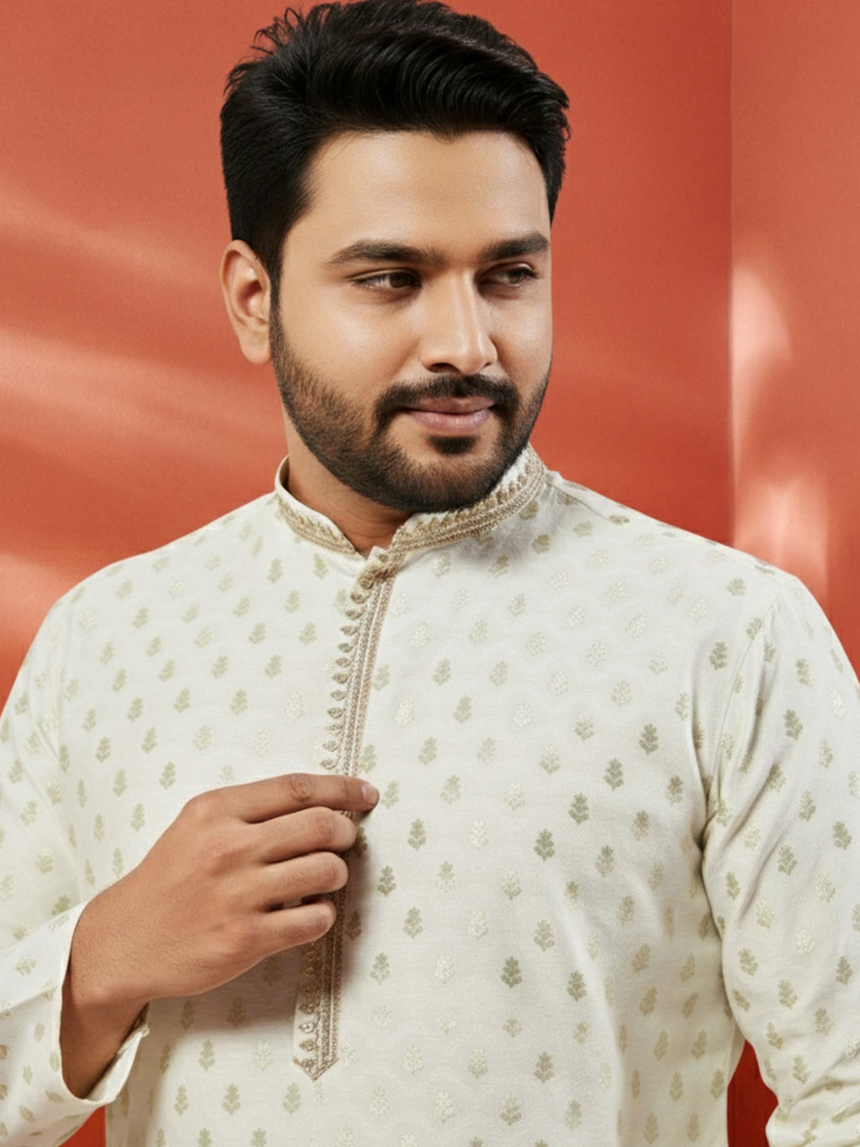 Men's Cream Silk Jacquard Kurta
