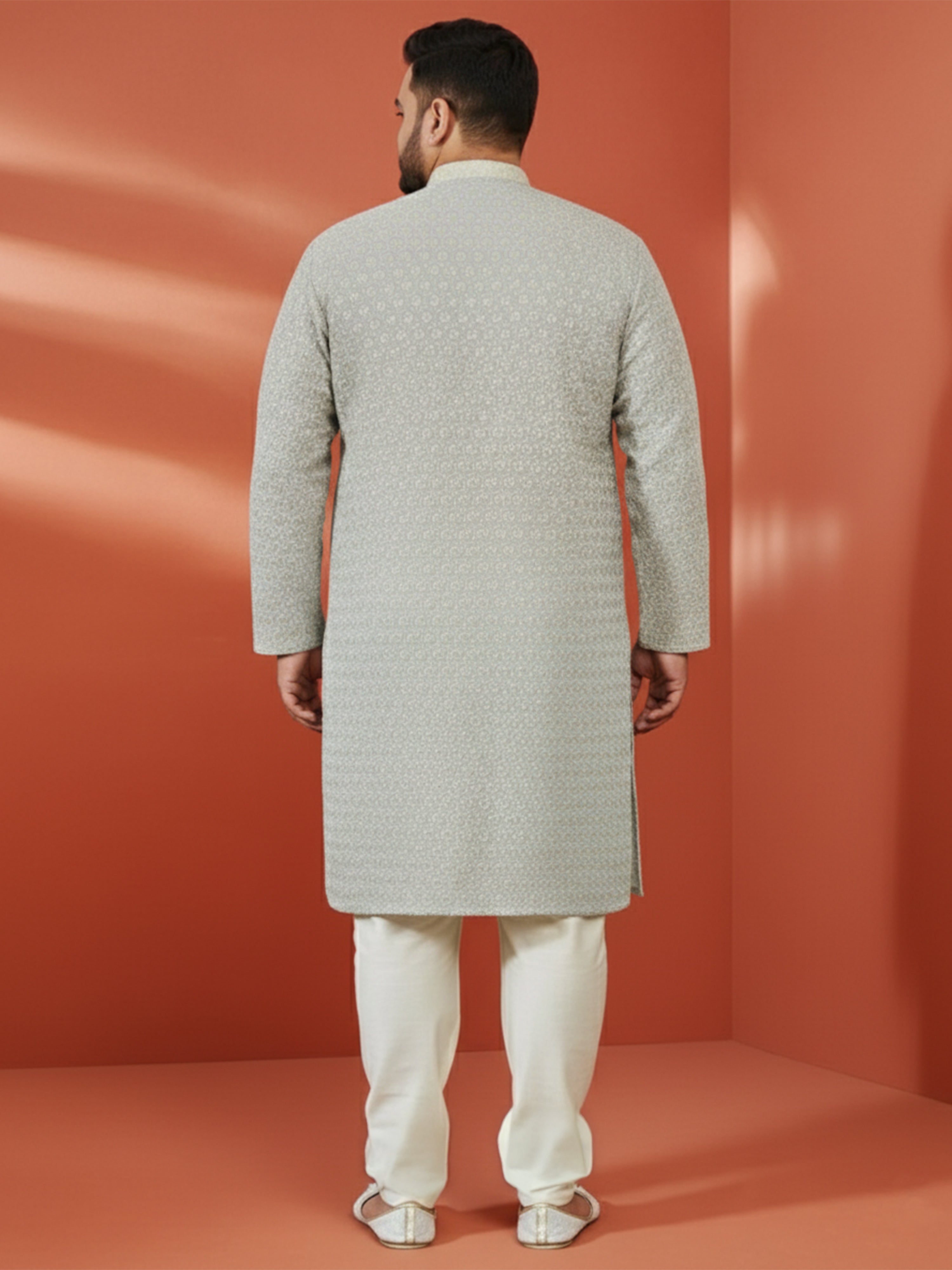 Men's Grey Sequin Kurta with Cream Trousers