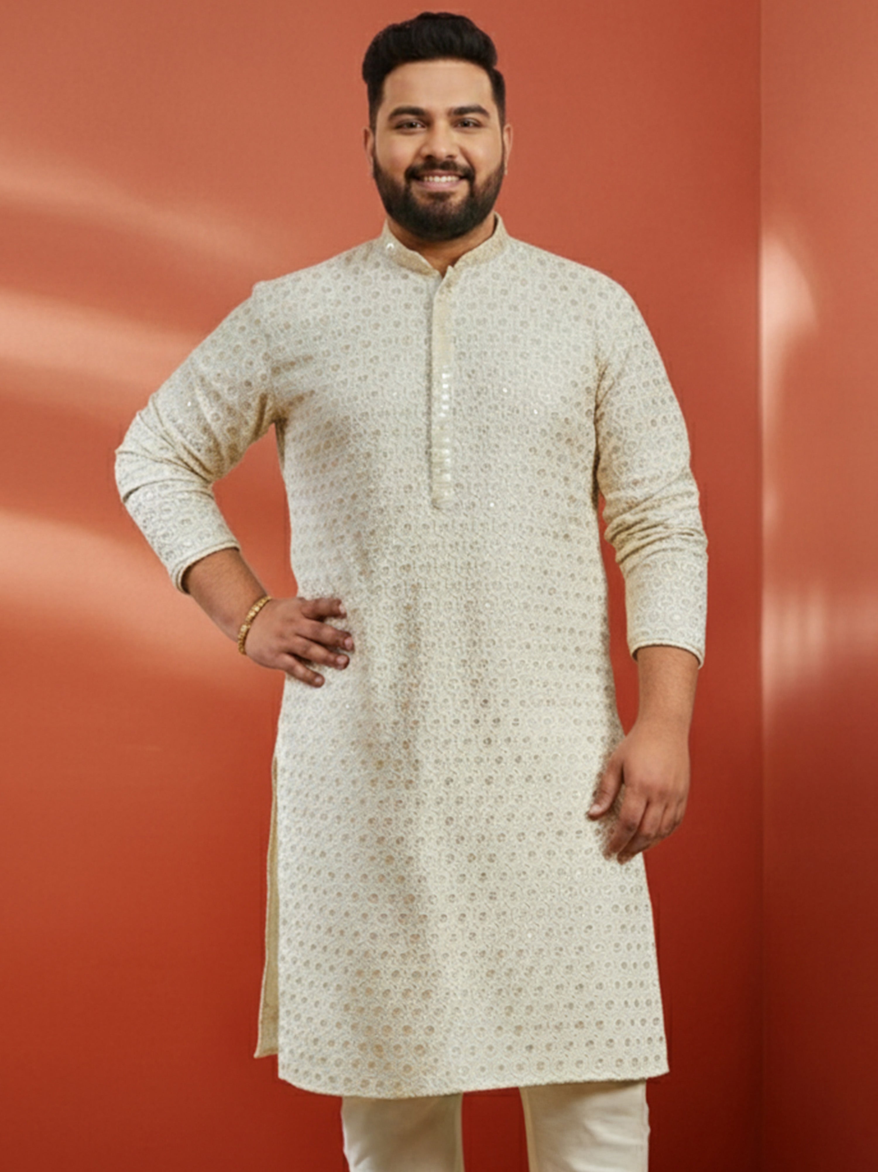 Men's Plus Off White Sequin Kurta