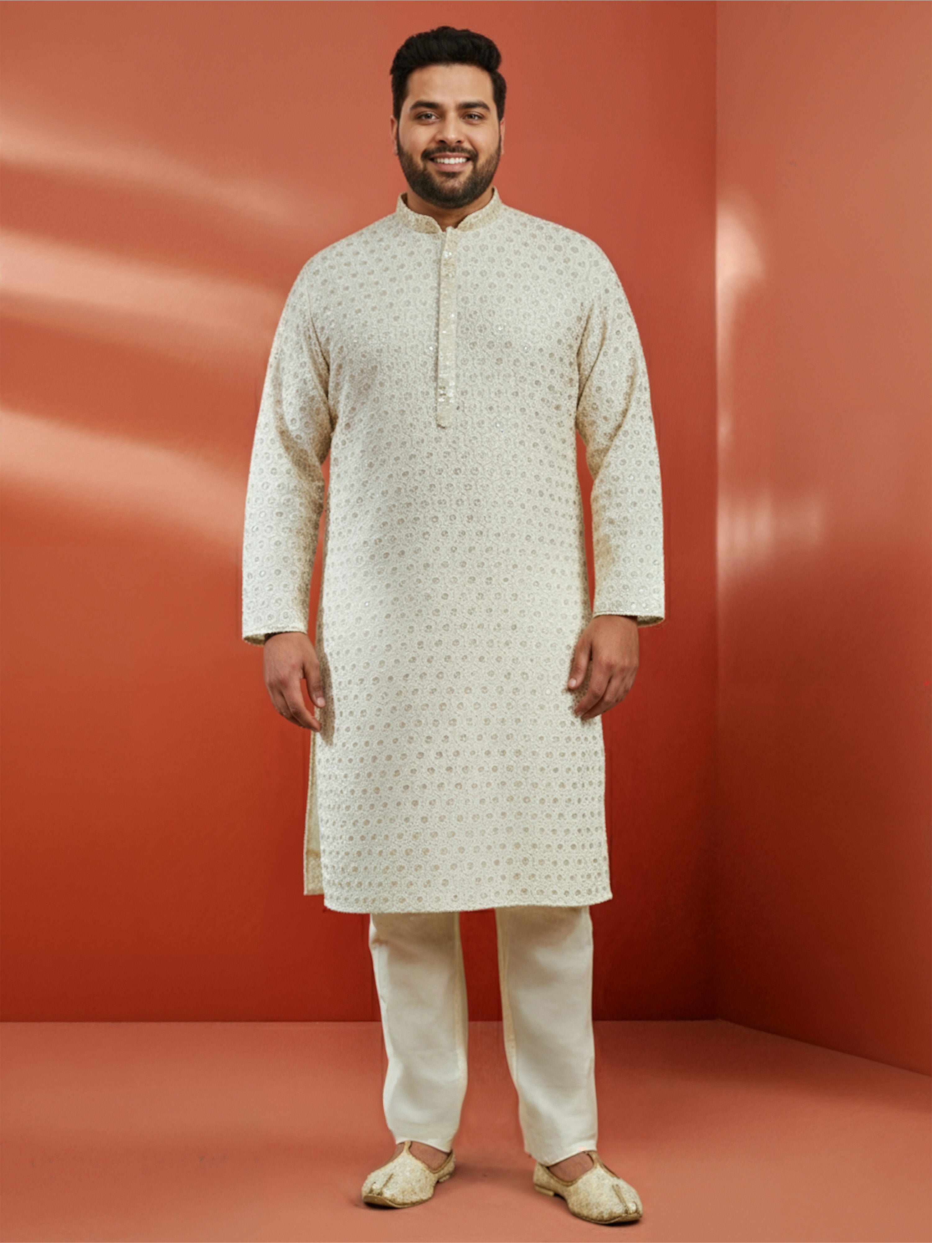Men's Off White Sequin Embroidered Kurta with Cream Pant