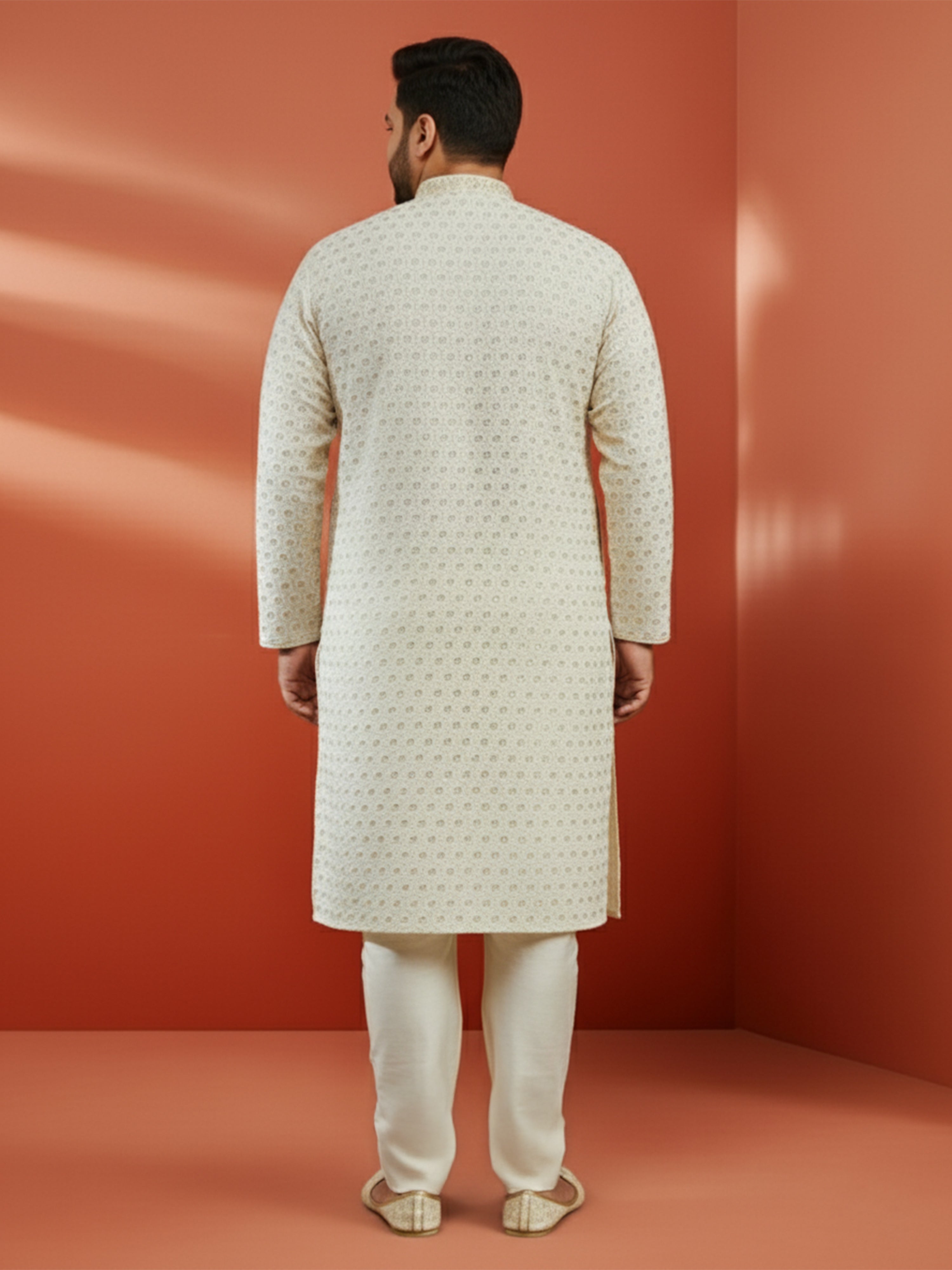 Men's Off White Sequin Embroidered Kurta with Cream Pant