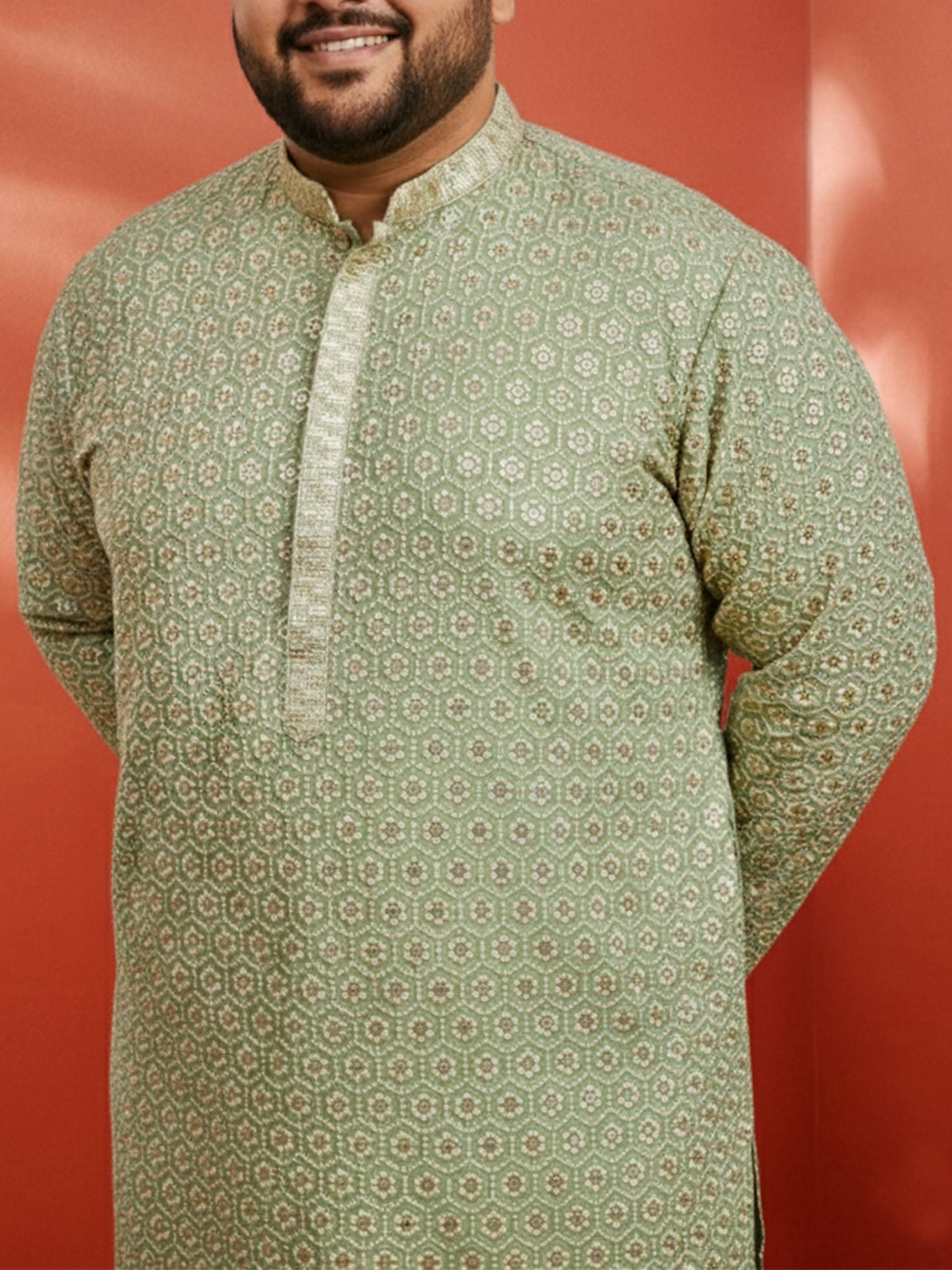 Men's Plus Pista Green Sequin Kurta
