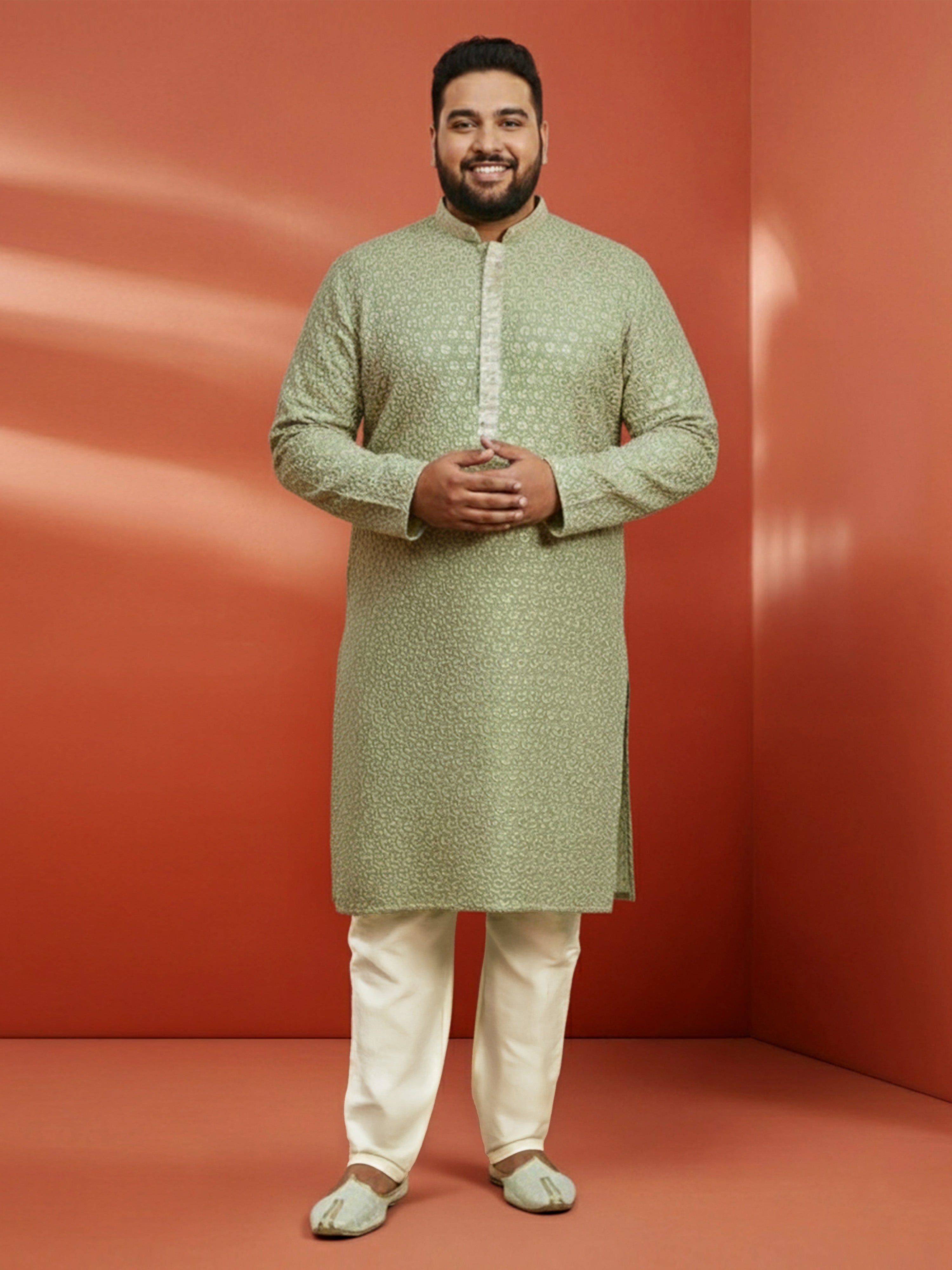 Men's Plus Pista Green Sequin Kurta