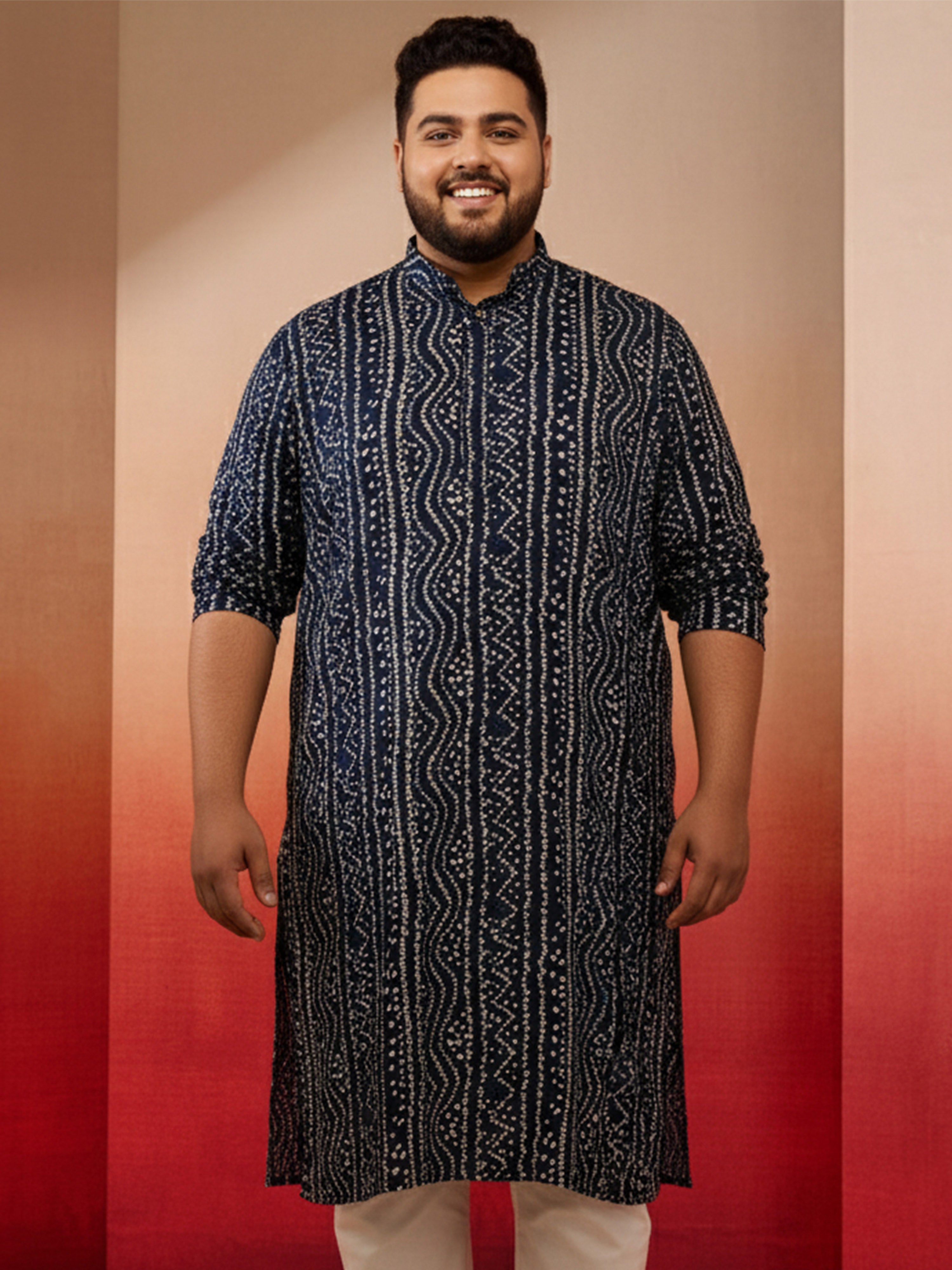 Men's Plus Blue Bandhani Print Kurta