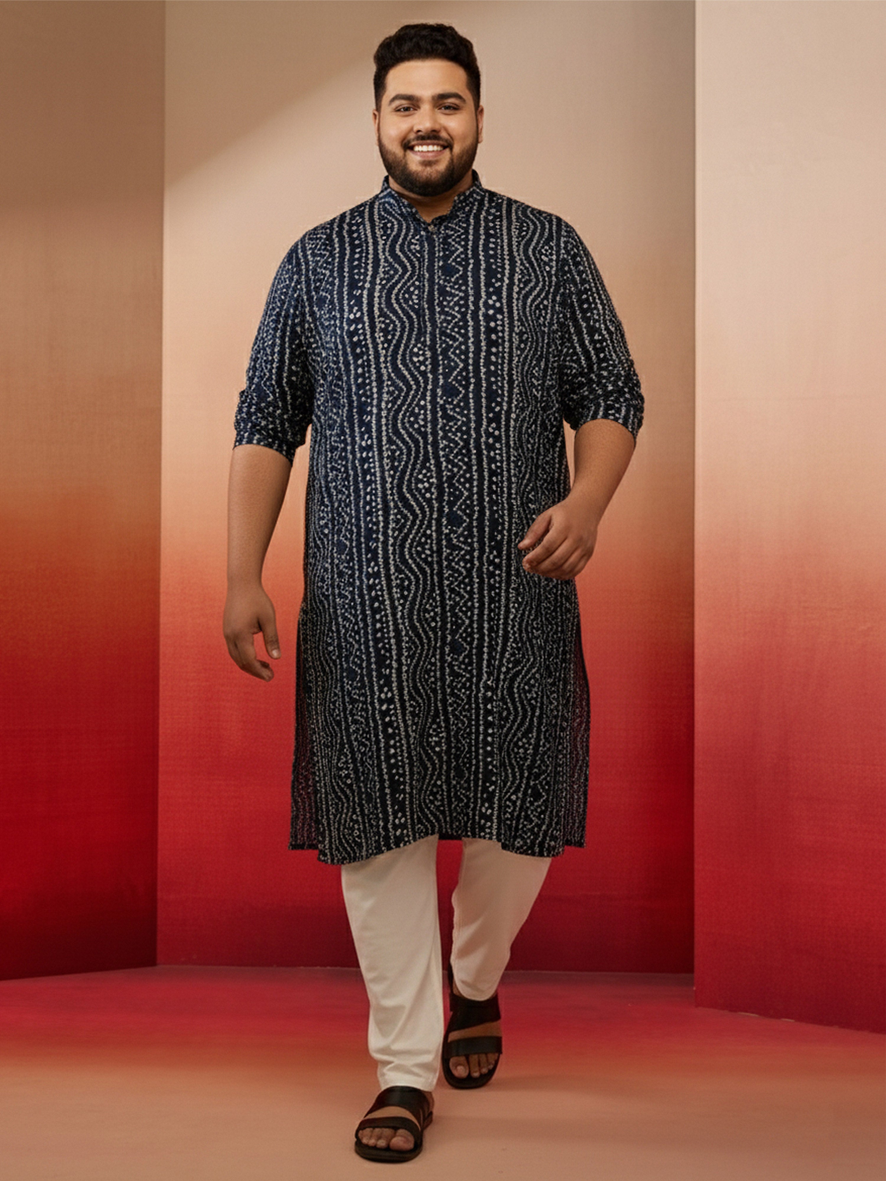 Men's Plus Blue Bandhani Print Kurta