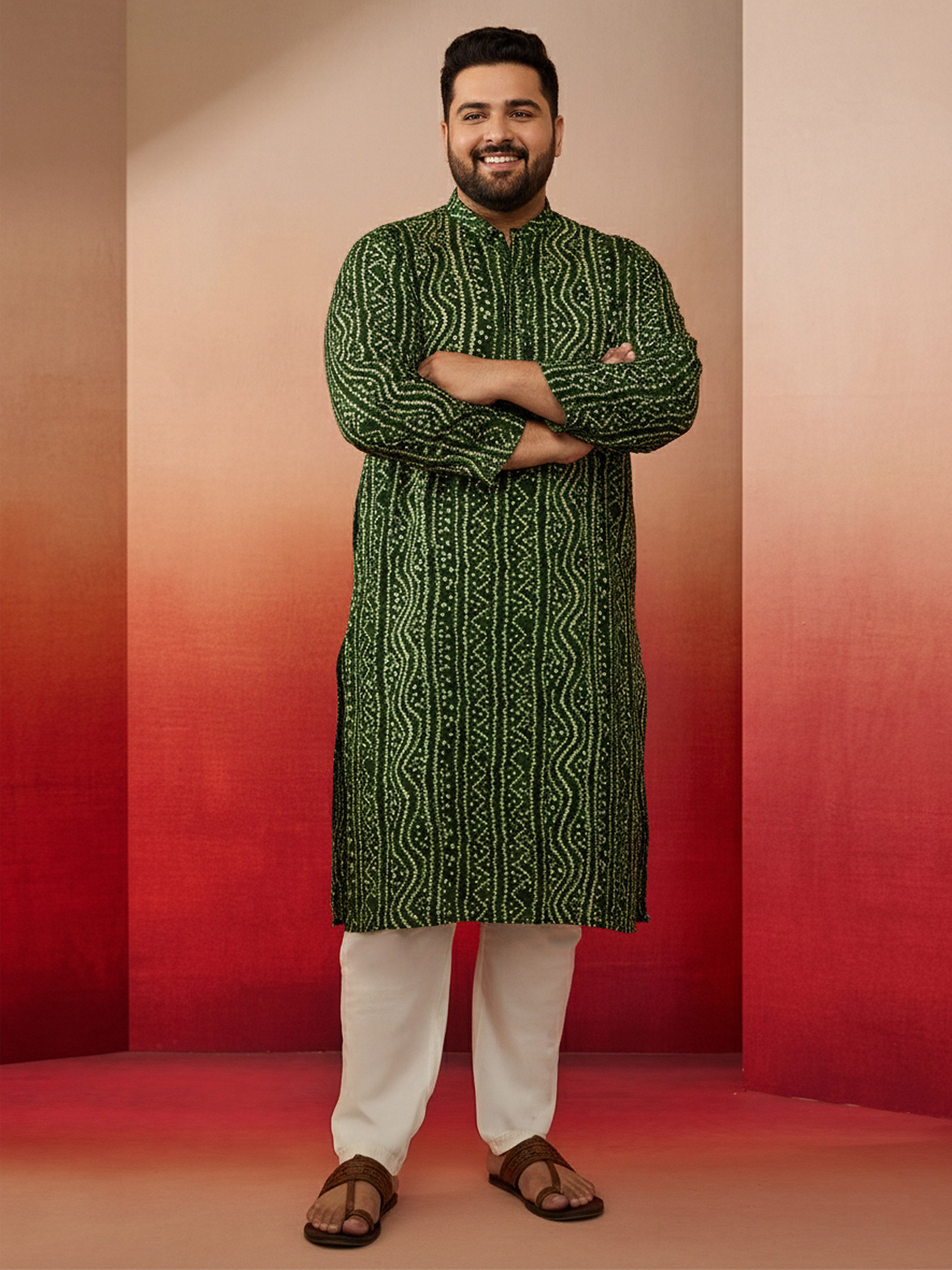 Men's Plus Green Bandhani Kurta