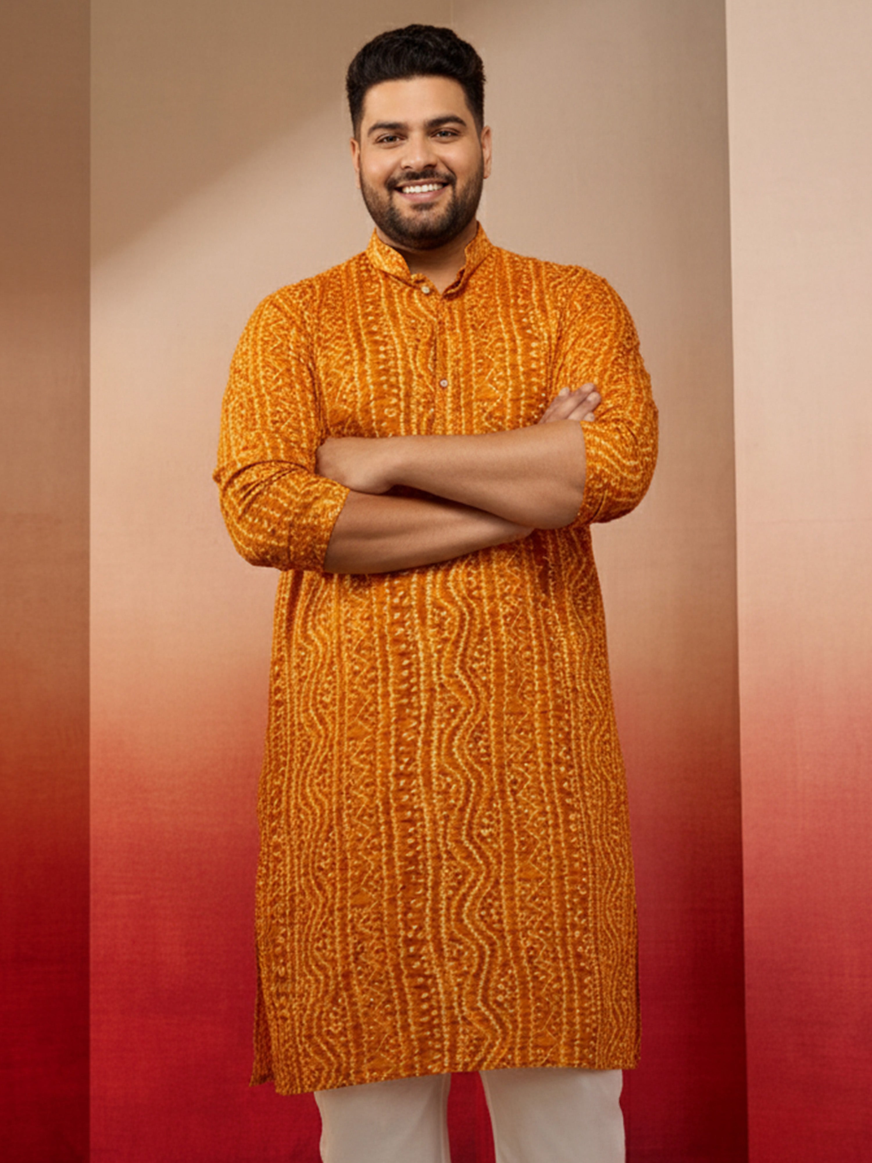 Men's Plus Mustard Bandhani Kurta