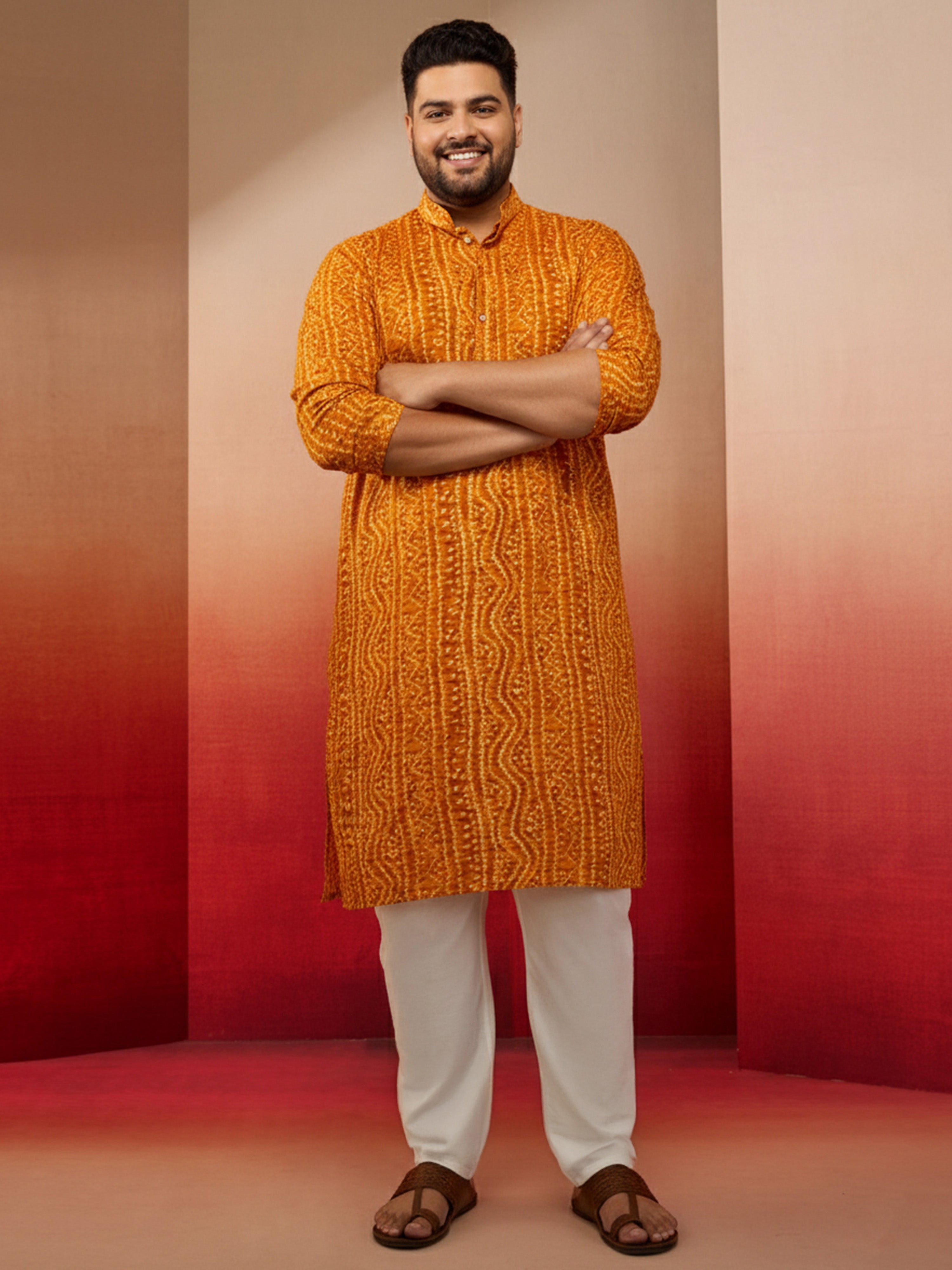 Men's Plus Mustard Bandhani Kurta