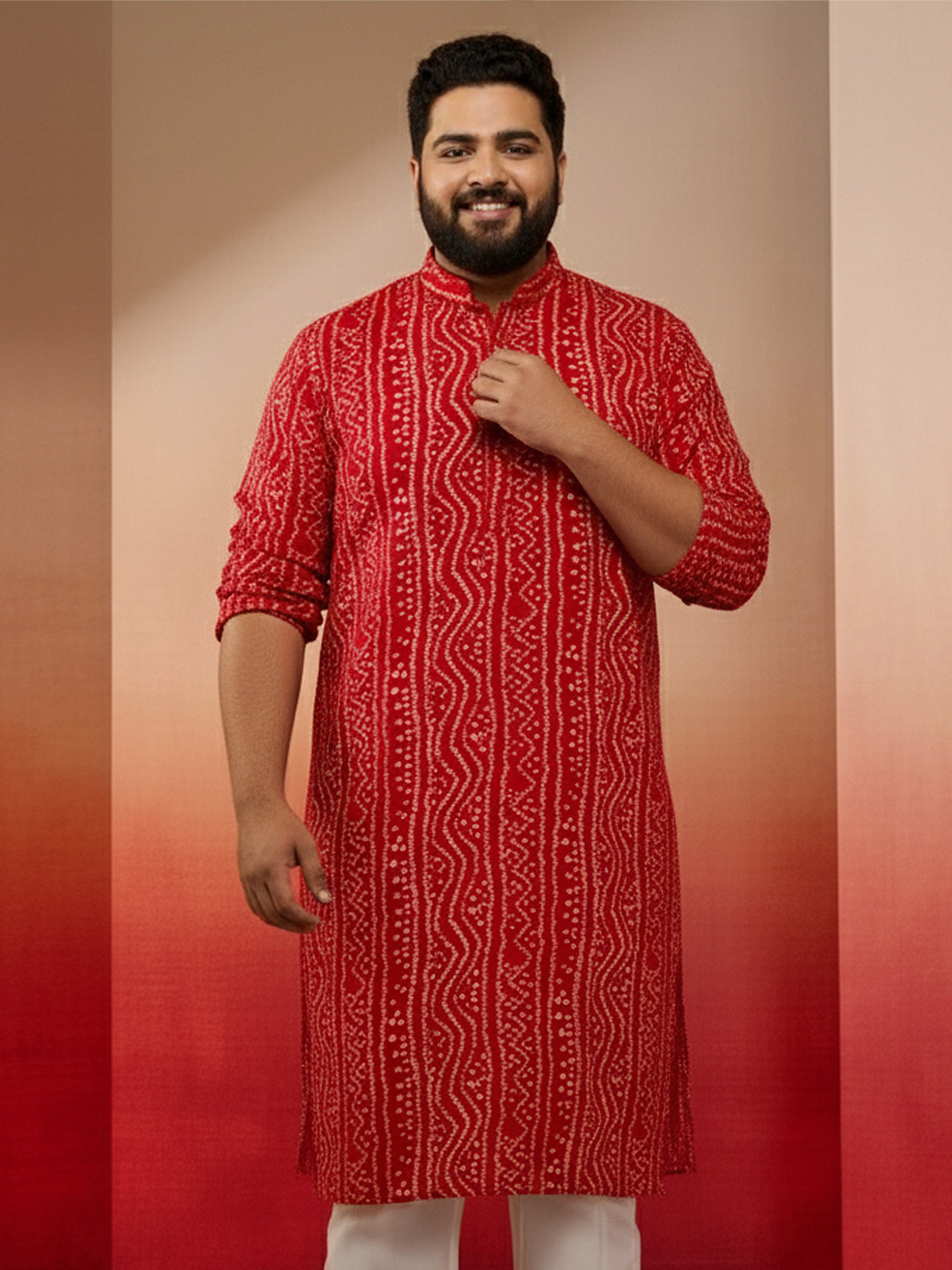 Men's Plus Red Bandhani Kurta