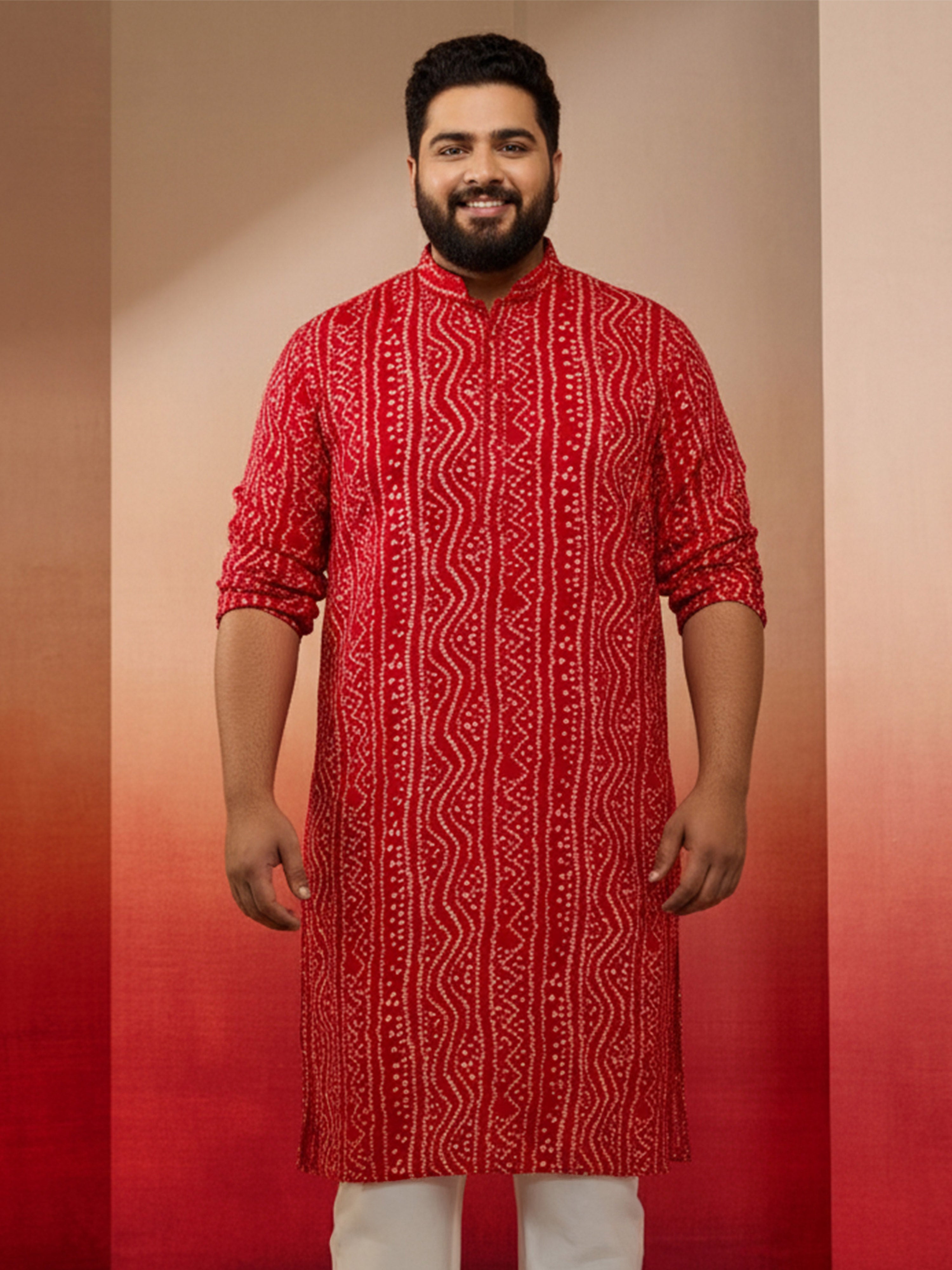 Men's Plus Red Bandhani Kurta